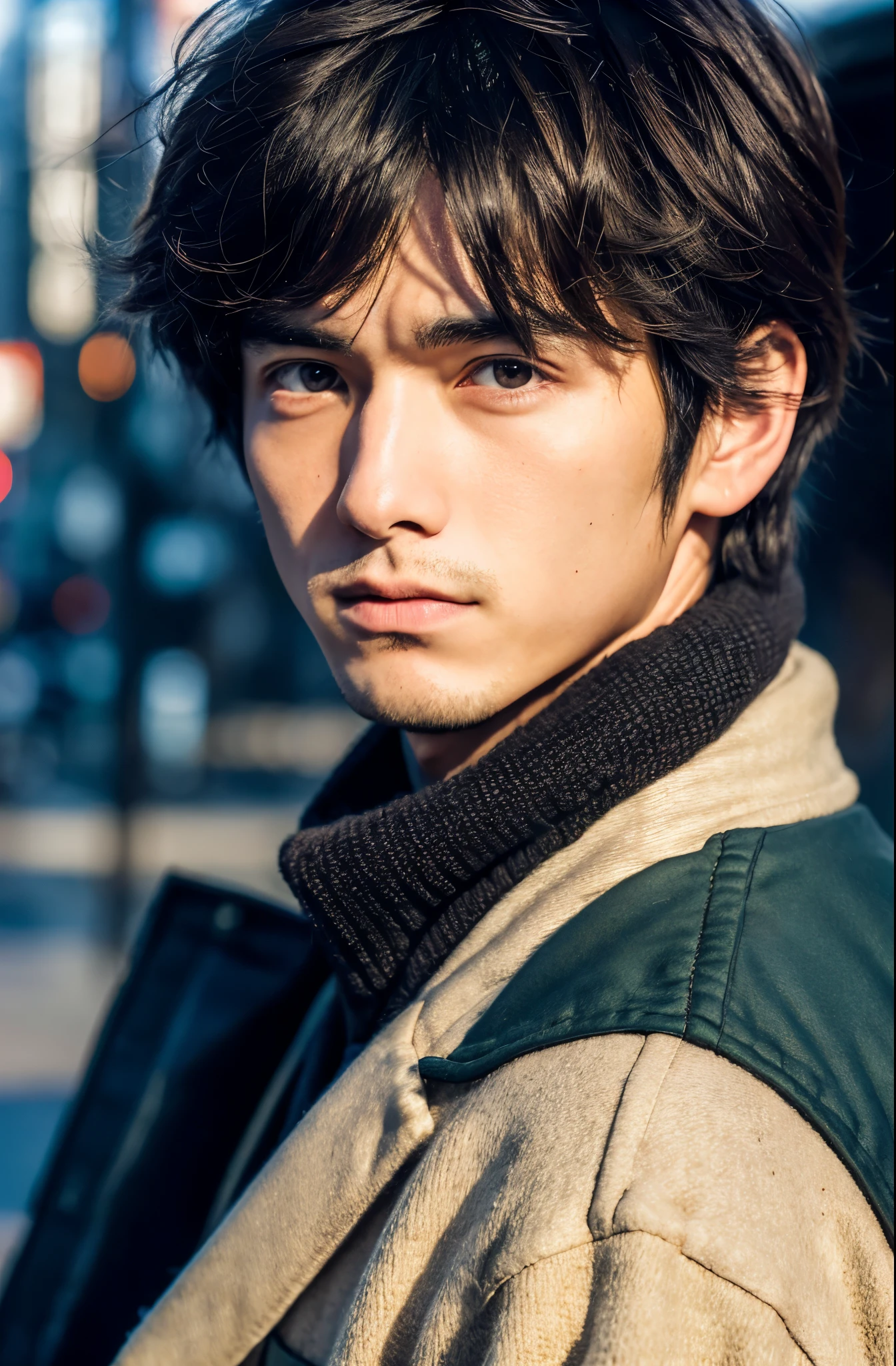 Photorealsitic, 8K full body poster, Beautiful Boys, japanes, An 18-year-old man, rugged look, serious facial expression, Sharp eyes, A charming expression, Precise facial details, TOKYOcty, Winters, Shibuya in the background