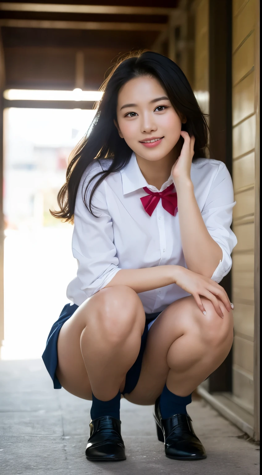 (very detailed 8k wallpaper), vietnamese lady, sharp focus, detailed, dramatic, delicate and beautiful vietnamese lady schoolgirl, sheer white shirt, navy blue ribbon collar, dark blue pleated micro mini, pink lingerie, , smile, peeking at the viewer, beautiful graphics, bright school building with strong sunlight, show full body, sit, squat, show plump panties, white socks,