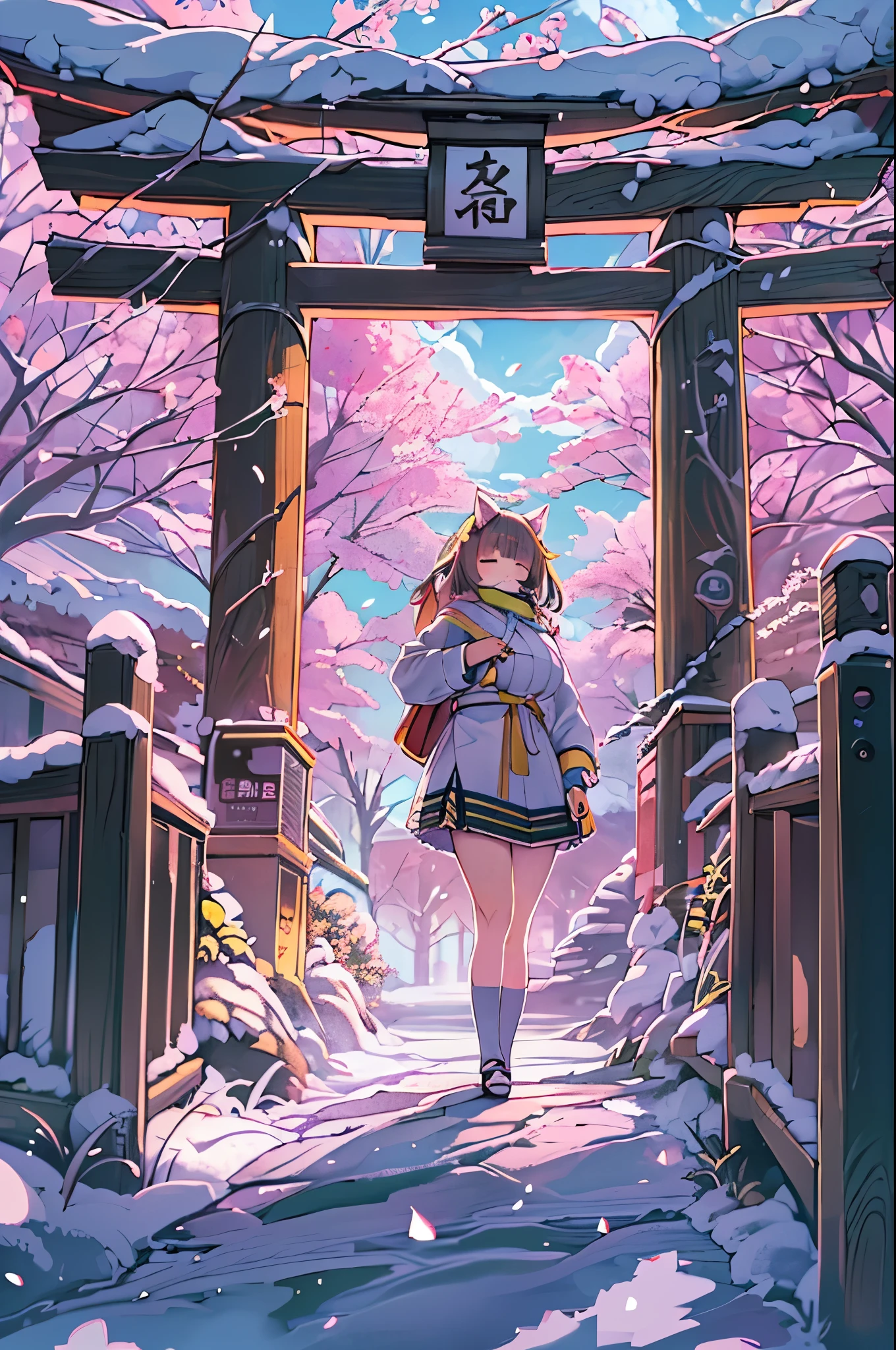 huge-breasted、kawaii、(Sunny Clothes)、torii gate,((Oblique angle))、{{close up to face}}、one eye closed、winking、A big smile、bbw、thick thight、big butts、Ultramammy, Winter days, Anime Background Art, japanese art style, beautiful anime scene,detailed scenery - width 672, Background art, Anime landscapes, Anime Background, Beautiful anime scenery, Beautiful peace scenes in anime, landscape artwork, Japan Village, Anime landscapesコンセプトアート, 8K))、New Year’s Day、1 moon