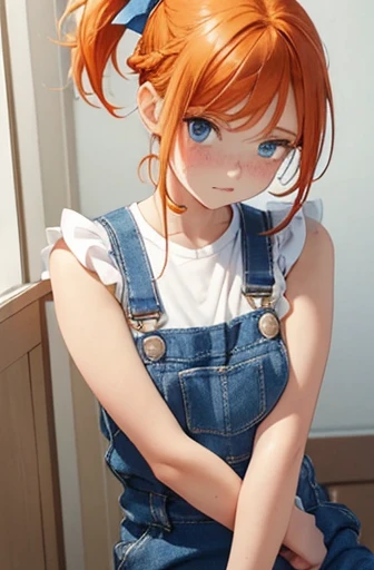 Tomboy girl, blue eyes, orange hair, small breasts, blue overalls, frilly yellow undershirt, bare arms, no sleeves, long braided ponytail, large white bow at base of ponytail, no bangs, bangs pulled back, freckles, large white bow in hair, gorgeous, girl blushing, girl held in man’s arms, lovers in bed