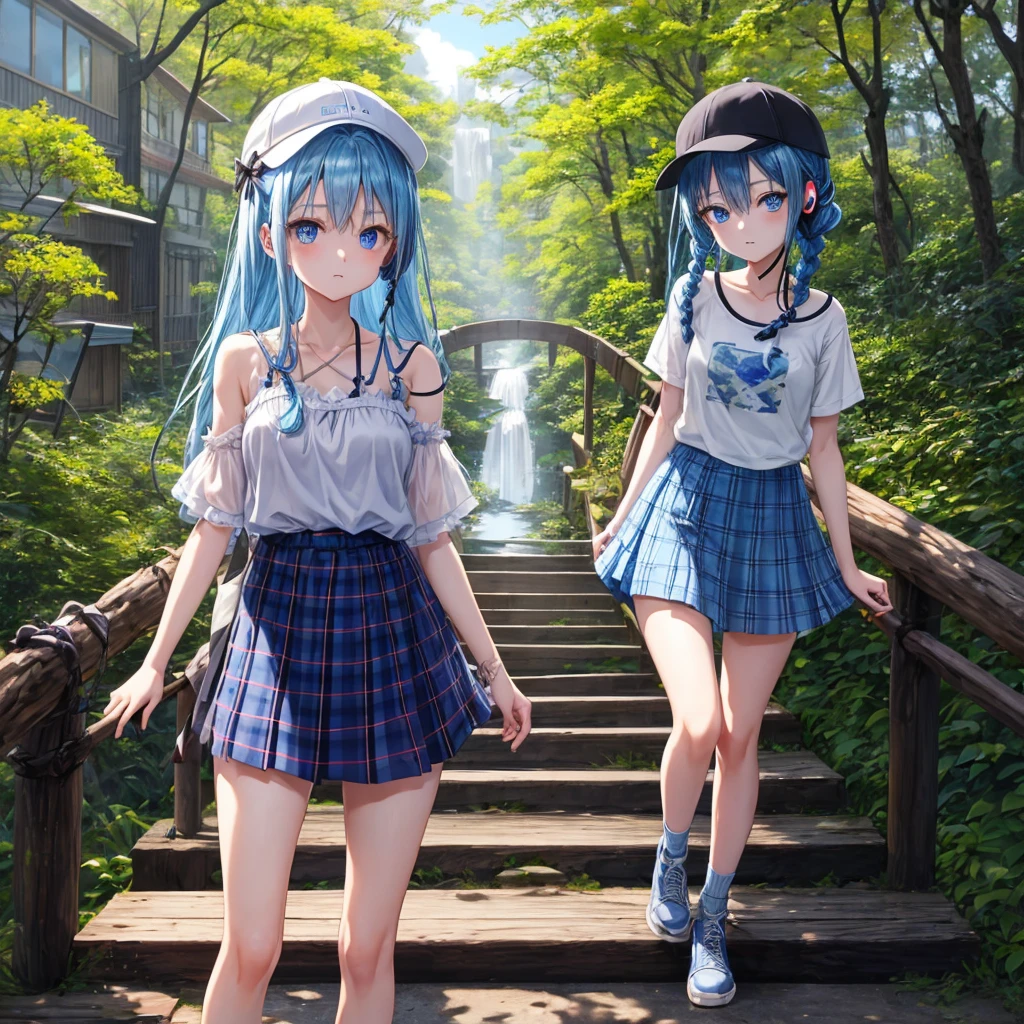 Blue hair、blue eyess、Braids、one good looking girl、独奏、animesque、Plaid miniskirt、Black T-shirt、camisole、the woods、Wearing a plaid baseball cap、bare-legged、Tilting your face、Walking、Crossing a log bridge while keeping balance、Doing the ribbon、have a twig、climbing the wooden stairs、falls、Blue Topaz、Sunset sky、Wearing headphones