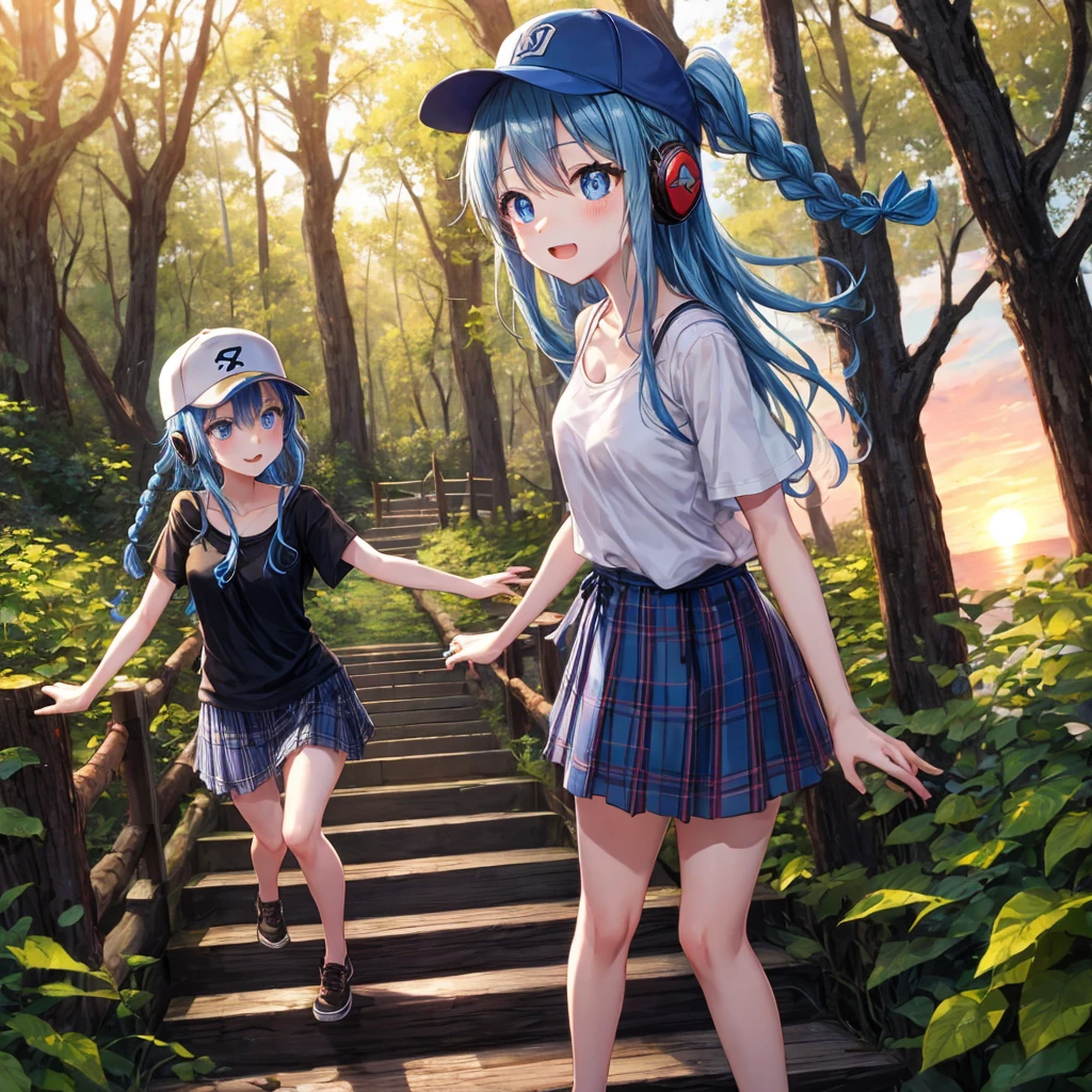 Blue hair、blue eyess、Braids、one good looking girl、独奏、animesque、Plaid miniskirt、Black T-shirt、camisole、the woods、Wearing a plaid baseball cap、bare-legged、Tilting your face、Walking、Crossing a log bridge while keeping balance、Doing the ribbon、have a twig、climbing the wooden stairs、falls、Blue Topaz、Sunset sky、Wearing headphones