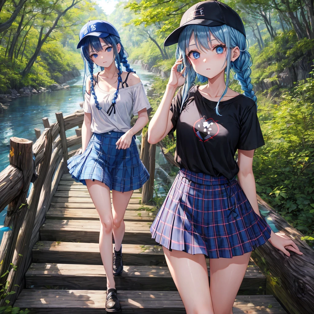 Blue hair、blue eyess、Braids、one good looking girl、独奏、animesque、Plaid miniskirt、Black T-shirt、camisole、the woods、Wearing a plaid baseball cap、bare-legged、Tilting your face、Walking、Crossing a log bridge while keeping balance、Doing the ribbon、have a twig、climbing the wooden stairs、falls、Blue Topaz、Sunset sky、Wearing headphones