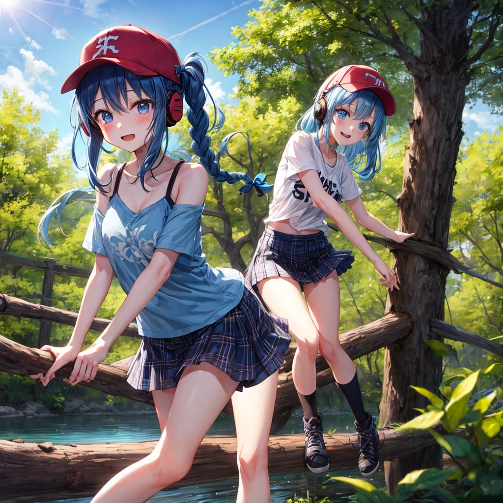Blue hair、blue eyess、Braids、one good looking girl、独奏、animesque、Plaid miniskirt、Black T-shirt、camisole、the woods、Wearing a plaid baseball cap、bare-legged、Tilting your face、Walking、Crossing a log bridge while keeping balance、Doing the ribbon、have a twig、climbing the wooden stairs、falls、Blue Topaz、Sunset sky、Wearing headphones