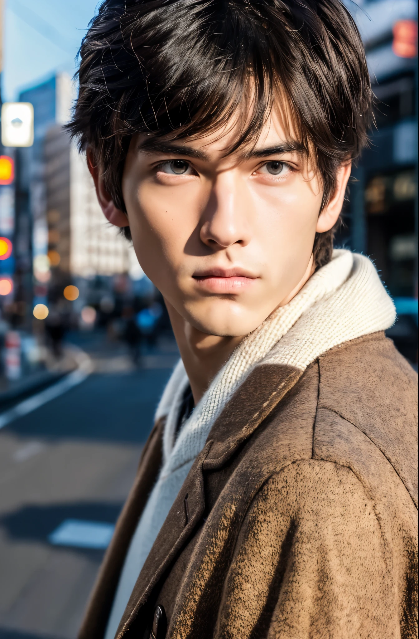 Photorealsitic, 8K full body poster, Beautiful Boys, japanes, An 18-year-old man, rugged facial skeleton, serious facial expression, Sharp eyes, A charming expression, Precise facial details, TOKYOcty, Winters, Shibuya in the background