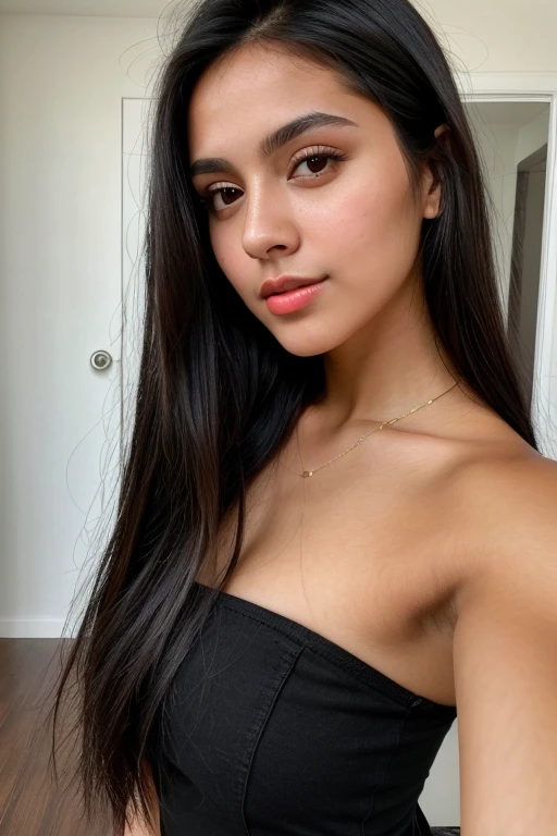 ((best quality)) perfect beautiful oval face brunette young woman tan skin full lips, closed mouth, latin girl 23 years old skinny body very long and dark extremely BLACK HAIR, raven BLACK hair, realistic skin texture, realistic hair texture WEARING CLOTHES, selfie photo ,