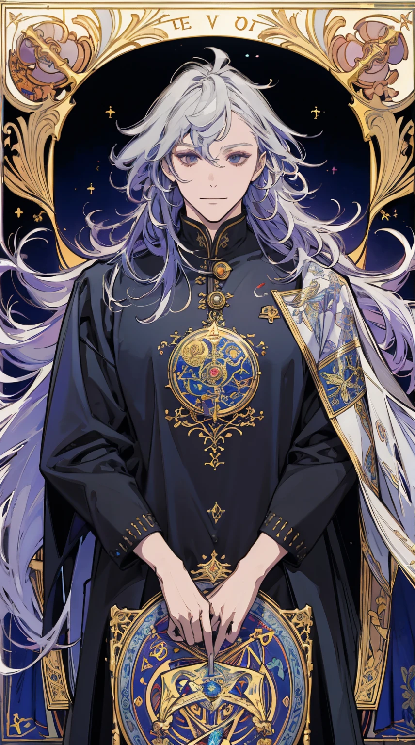 ​masterpiece, top-quality, 1 male human, Long grey hair,ssmile、a sorceress\(tarot\)a sorceress,Western、Symbolism,Visual Arts,occult,Universal,Vision casting,coat of arms、Philosophy,Iconography,Numerology,Popularity,artistic, Alphonse Mucha