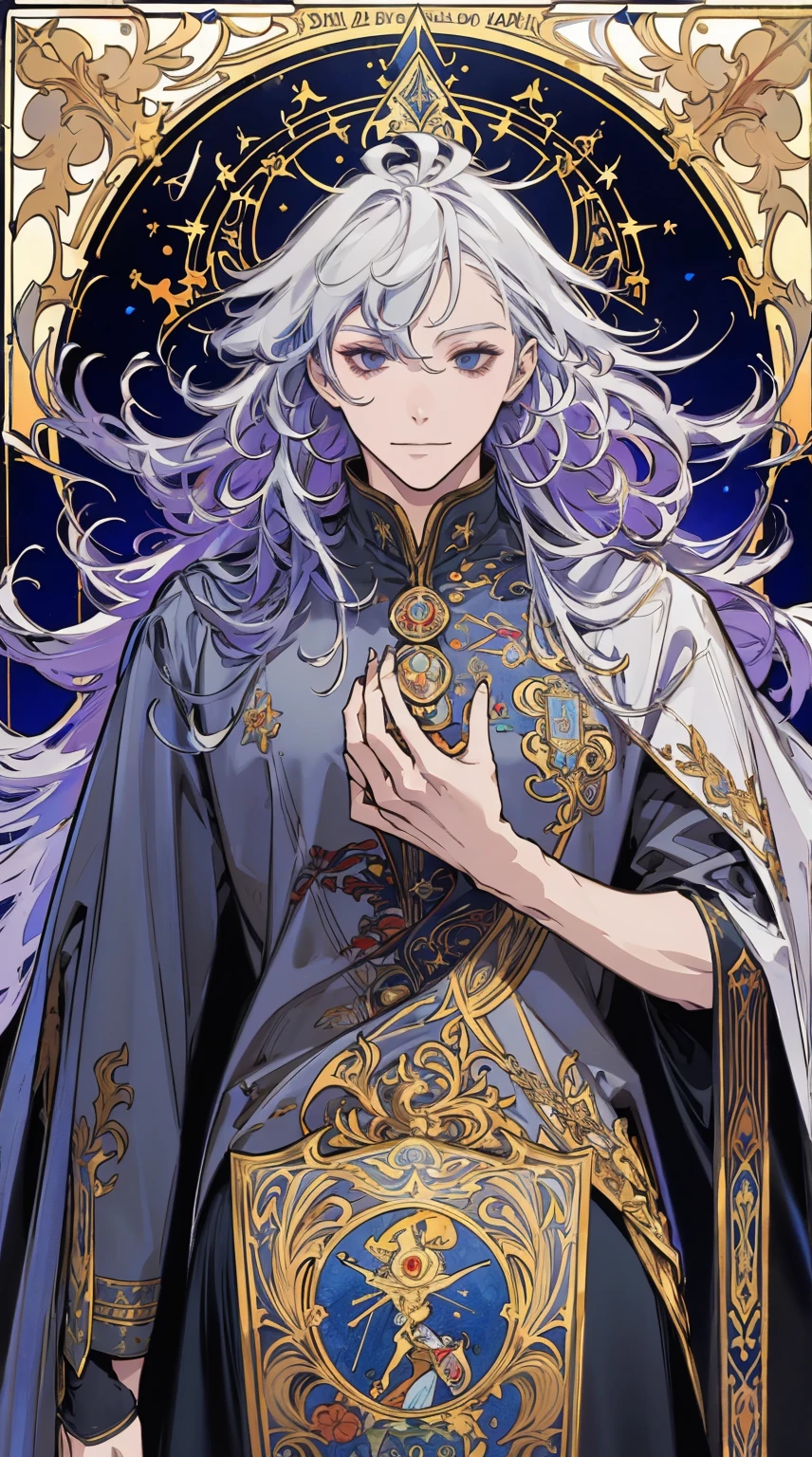 ​masterpiece, top-quality, 1 male human, Long grey hair,ssmile、a sorceress\(tarot\)a sorceress,Western、Symbolism,Visual Arts,occult,Universal,Vision casting,coat of arms、Philosophy,Iconography,Numerology,Popularity,artistic, Alphonse Mucha