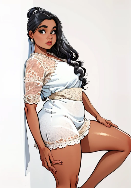 uma mulher com um vestido branco posando contra uma parede, roupas de rede de pesca, usando um vestido curto branco molhado, roupas brancas de renda, plus size, camisa de malha, branco detalhado, olhando para o lado, definido contra um fundo branco, roupas brancas da moda, light curvy details, foto oficial do produto, Desviando o olhar, full Foto do produto, curvy accentuated booty, Foto do produto