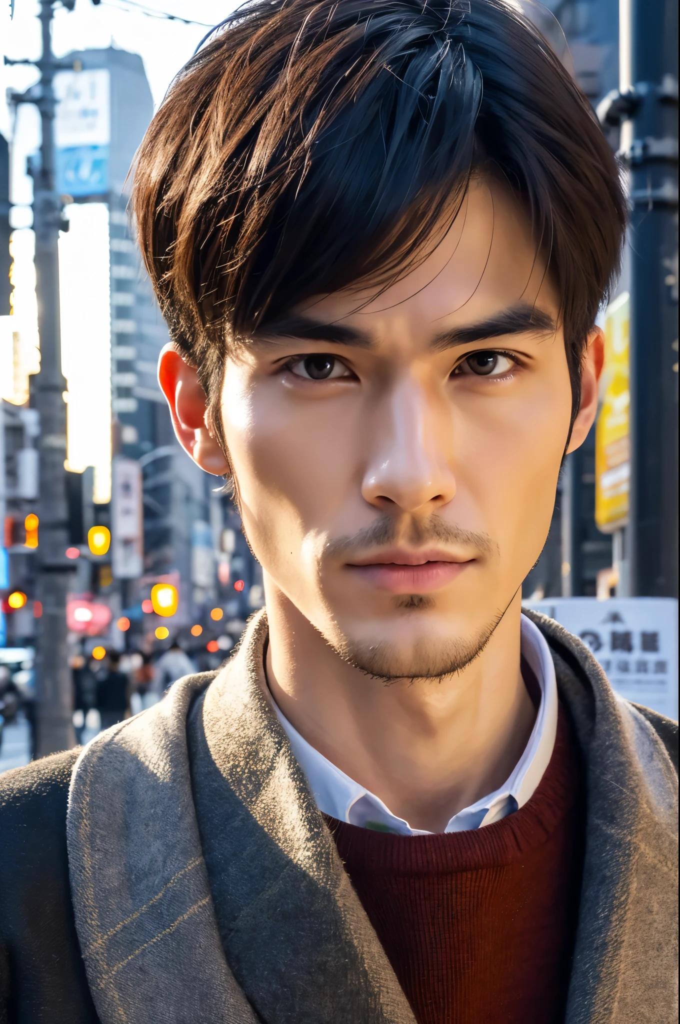 Photorealsitic, 8K full body poster, a handsome, japanes, a 25-year-old man, rugged facial skeleton, serious facial expression, Sharp eyes, A charming expression, detailed face details, TOKYOcty, Winters, Shibuya in the background