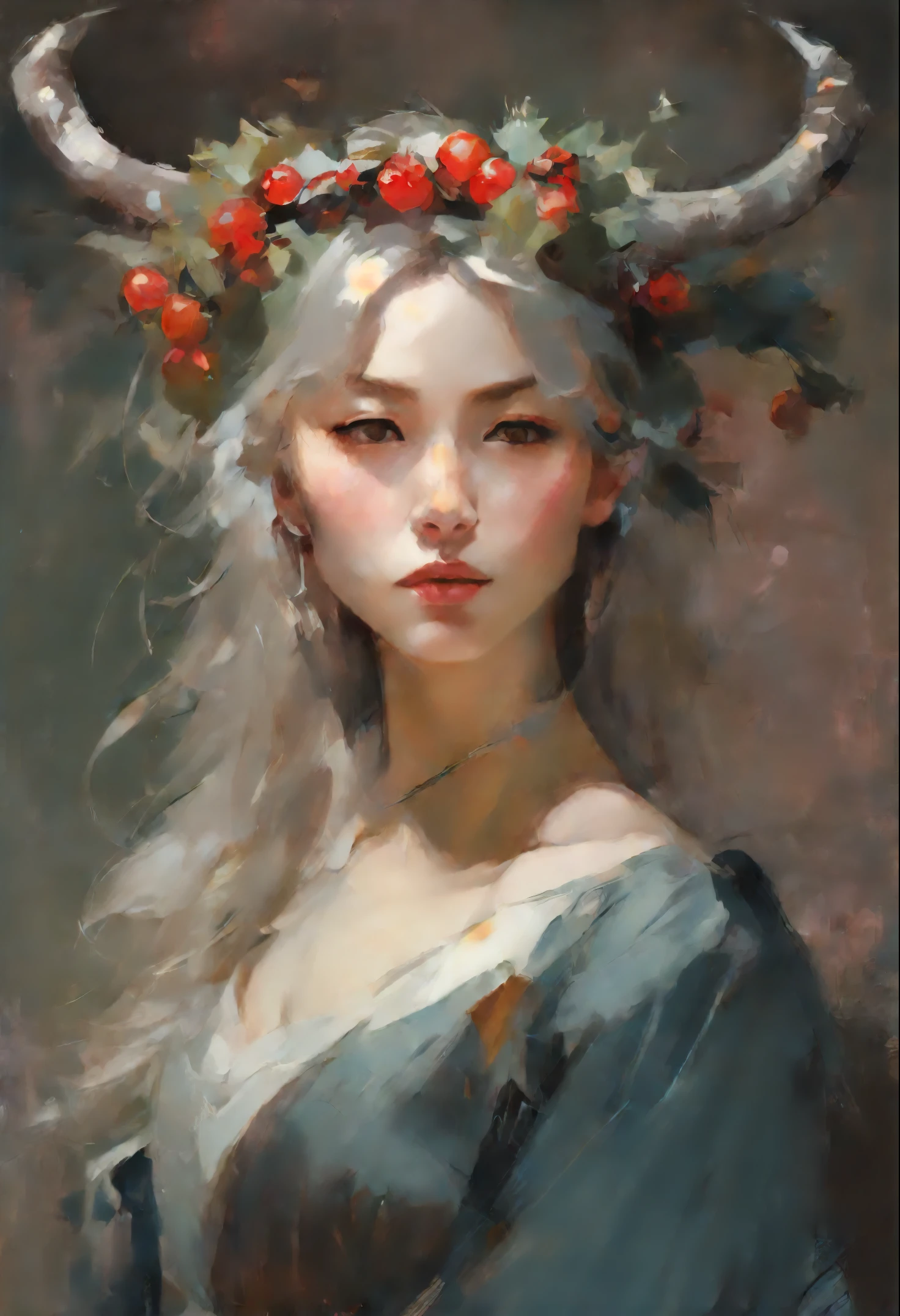 Portrait of a young European woman, painting of a young girl with horns and a wreath of berries, jinyoung shin art, beautiful character painting, artwork in the style of guweiz, guweiz masterpiece, guweiz, Zhang Han, Li Song, Ye Xin, Yang J, by Zeng Jing, Wuzhong Shifan, In the style of Anna Dittmann