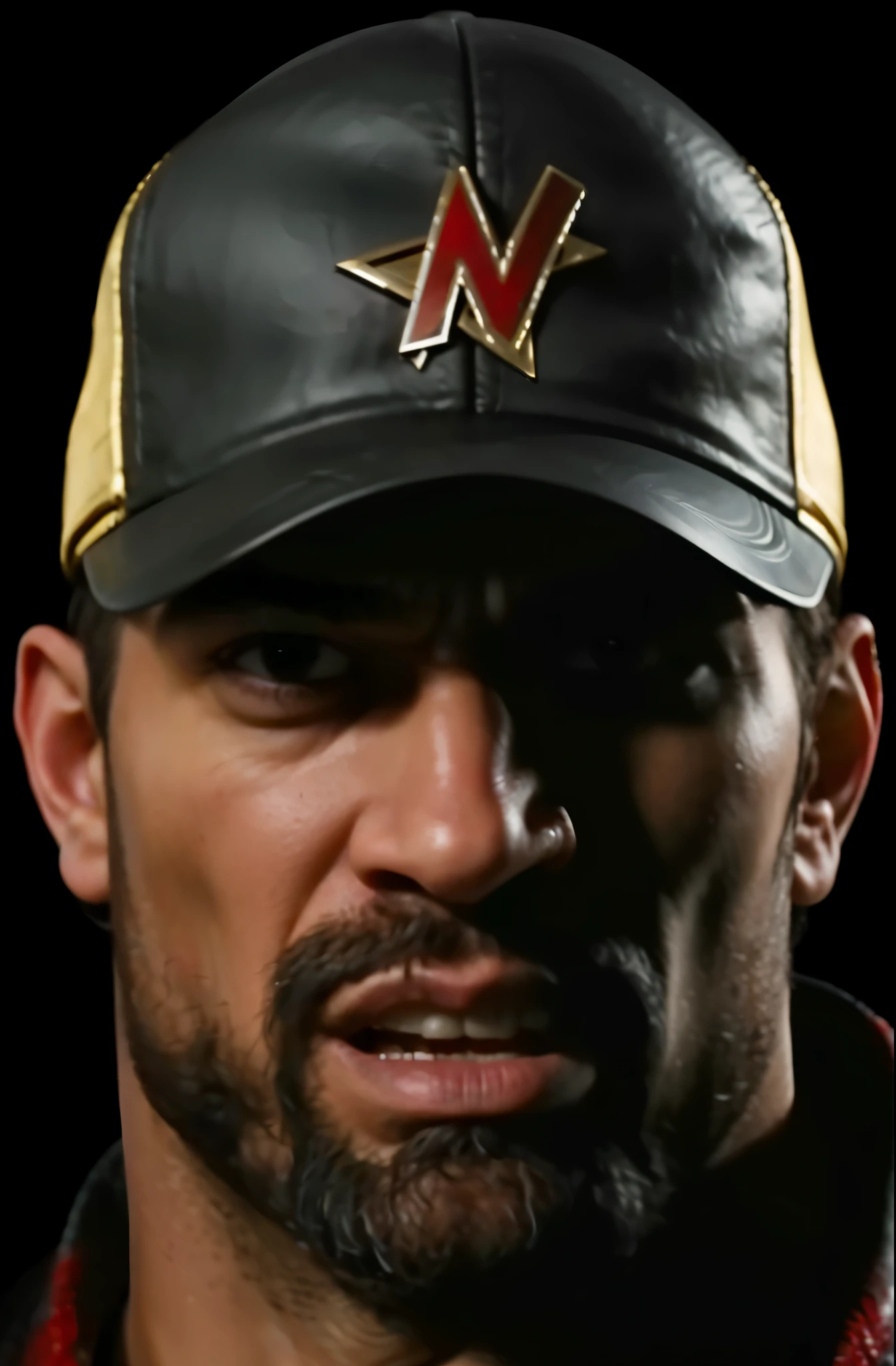 (masterpiece),(best quality:1.0),(ultra high resolution:1.0), Jax, mortal kombat, beard , cap forward, bad face,menacing look, closeup, detailed, face focus, 8k wallpaper