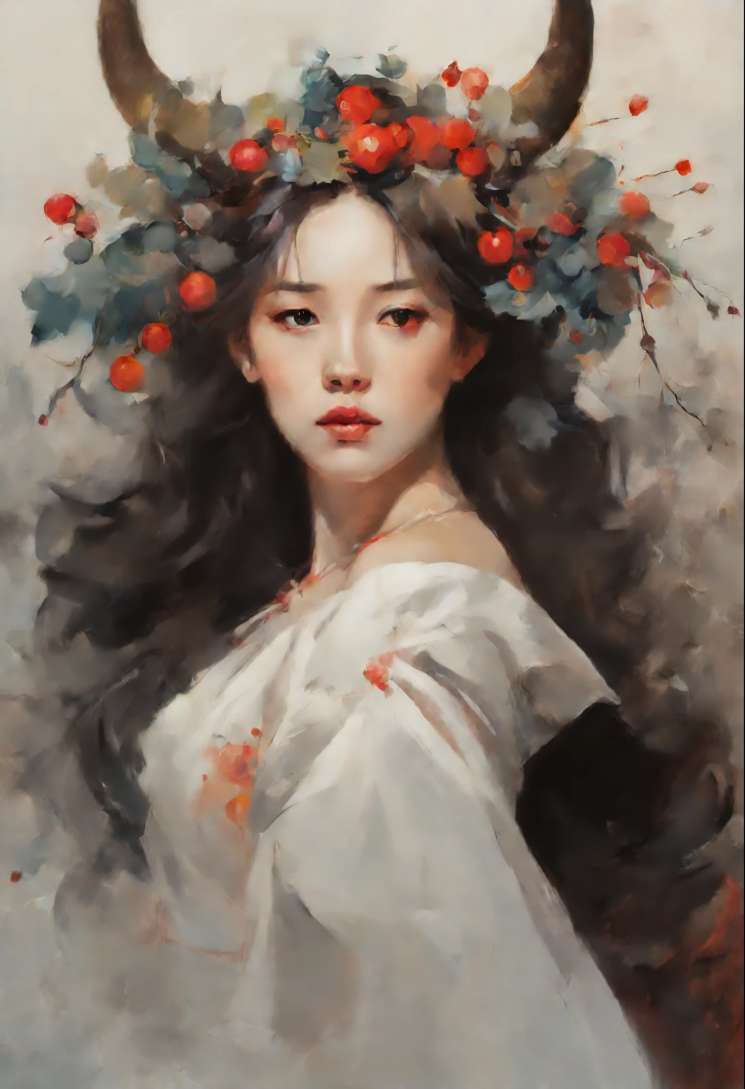 Portrait of a young European woman, painting of a young girl with horns and a wreath of berries, jinyoung shin art, beautiful character painting, artwork in the style of guweiz, guweiz masterpiece, guweiz, Zhang Han, Li Song, Ye Xin, Yang J, by Zeng Jing, Wuzhong Shifan, In the style of Anna Dittmann