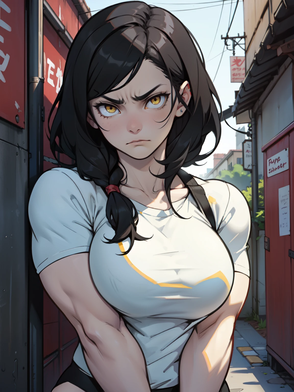 long flowing hair muscular girl she's sad the streets are empty dark and destroyed looking at camera the atmosphere is heavy she's busty and very thick she's alone and there a gloomy atmosphere going on black hair yellow eyes pale skin tattered clothes the buildings are in ruin
