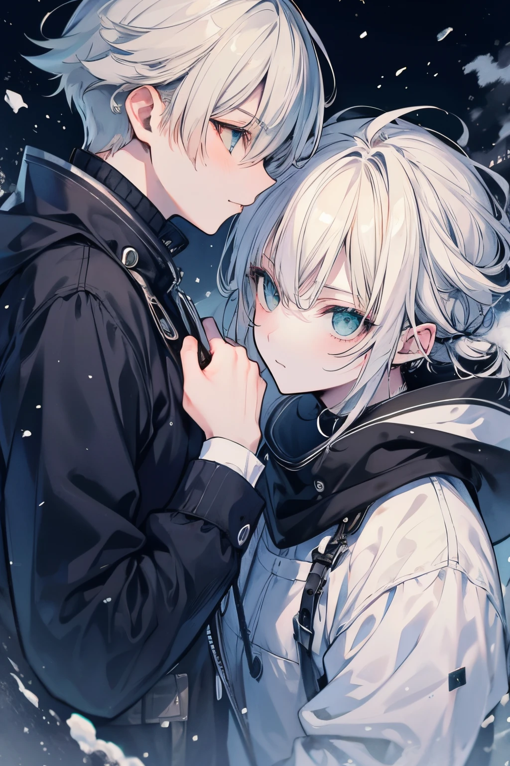 Unparalleled beauty,face perfect、Perfect Eye、green eyes Makoto Shinkai、Blonde and silver-haired、steam、steam、White breath、、Winter Outfit、snowscape、Landscape like an ink painting、 (2man,Gay Male Relationships, Men only),、stare at each other、Invincible smile、well-muscled,snow blowing