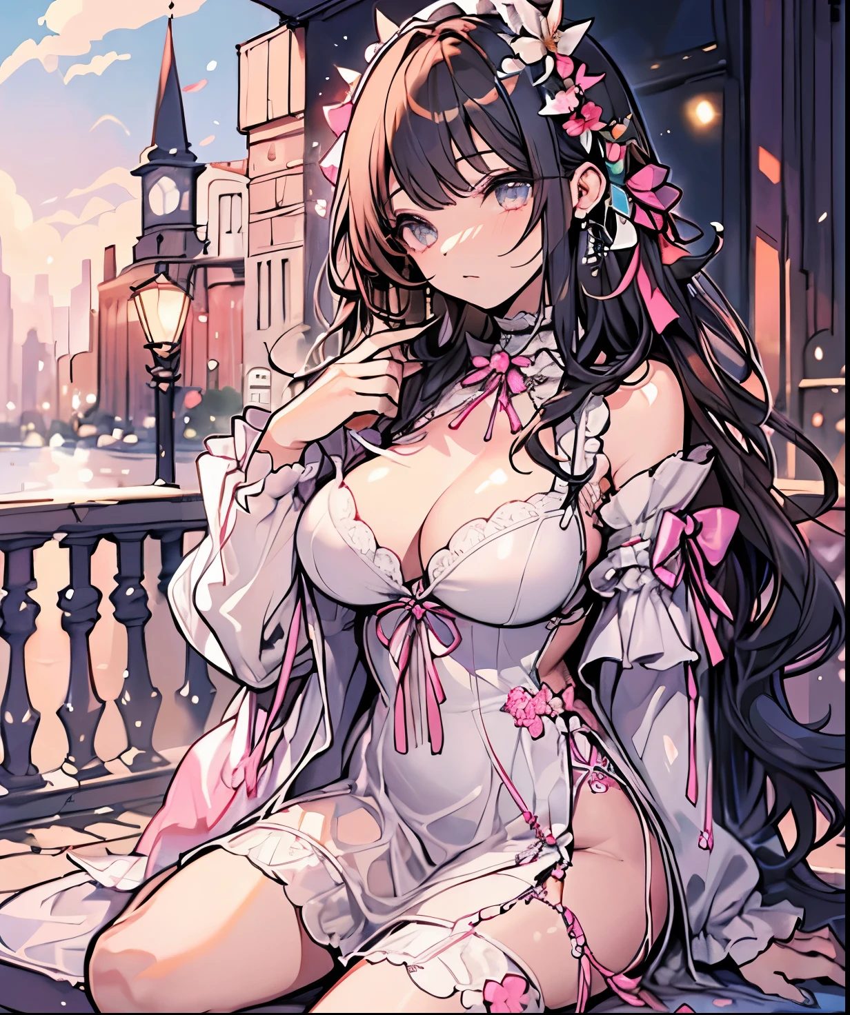 1girl, Western castles, large full , beautifull detailed face, Lustrouin, Beautiful Landscapes, during daytime, Princess, lace dresses,