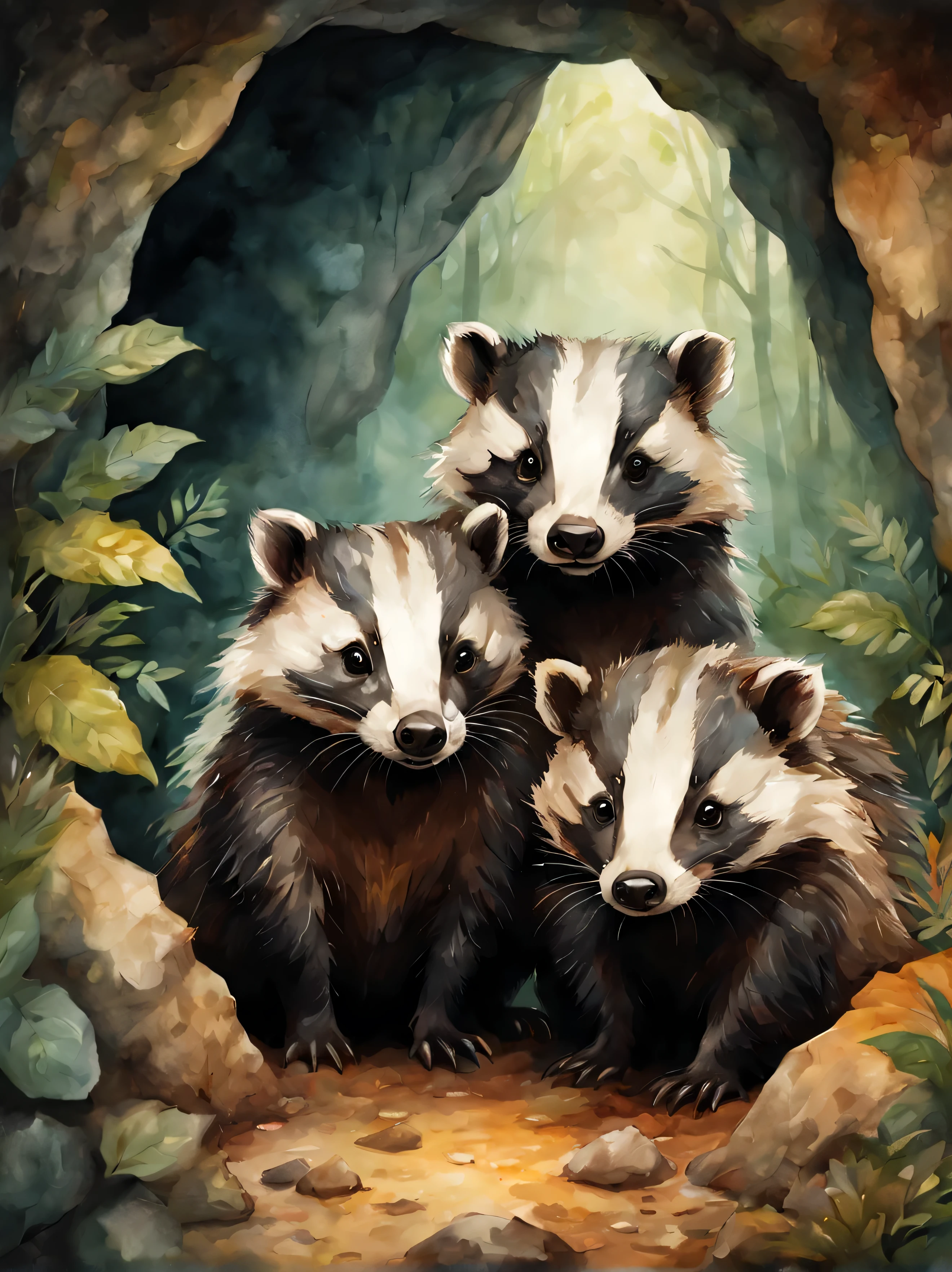 cute two badgers in a cave underground, in the forest, detailed faces, forest, trees in the background, watercolor style, harmonic warm colors, illustration, detailed, 8k, (best quality, ultra-detailed:1.6)