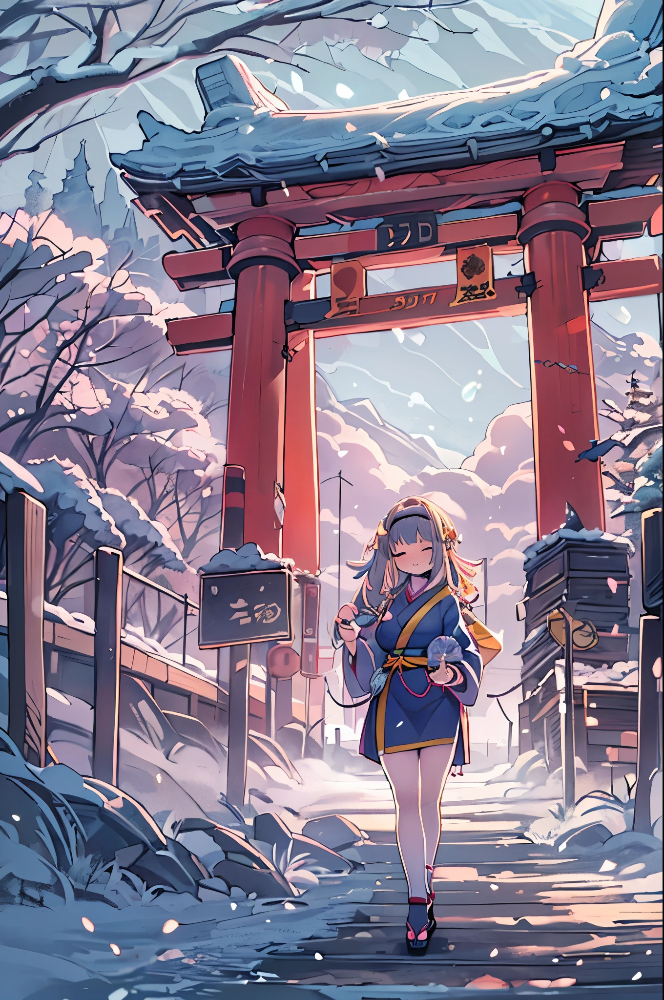 huge-breasted、kawaii、(Sunny Clothes)、torii gate,((Oblique angle))、{{close up to face}}、one eye closed、winking、A big smile、bbw、thick thight、big butts、Ultramammy, Winter days, Anime Background Art, japanese art style, beautiful anime scene,detailed scenery - width 672, Background art, Anime landscapes, Anime Background, Beautiful anime scenery, Beautiful peace scenes in anime, landscape artwork, Japan Village, Anime landscapesコンセプトアート, 8K))、New Year’s Day、1 moon
