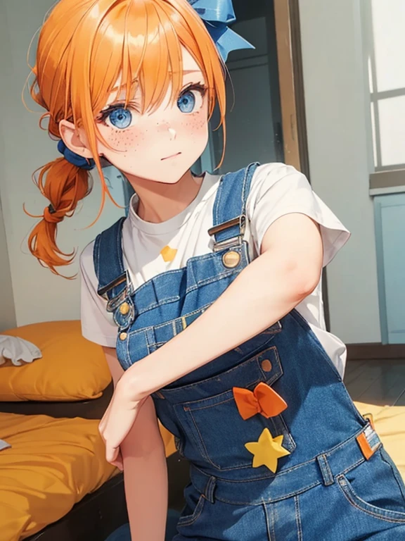 Tomboy girl, blue eyes, orange hair, small breasts, blue overalls, frilly yellow undershirt, bare arms, no sleeves, long braided ponytail, large white bow at base of ponytail, no bangs, bangs pulled back, freckles, large white bow in hair, gorgeous, girl blushing, girl held in man’s arms, lovers in bed
