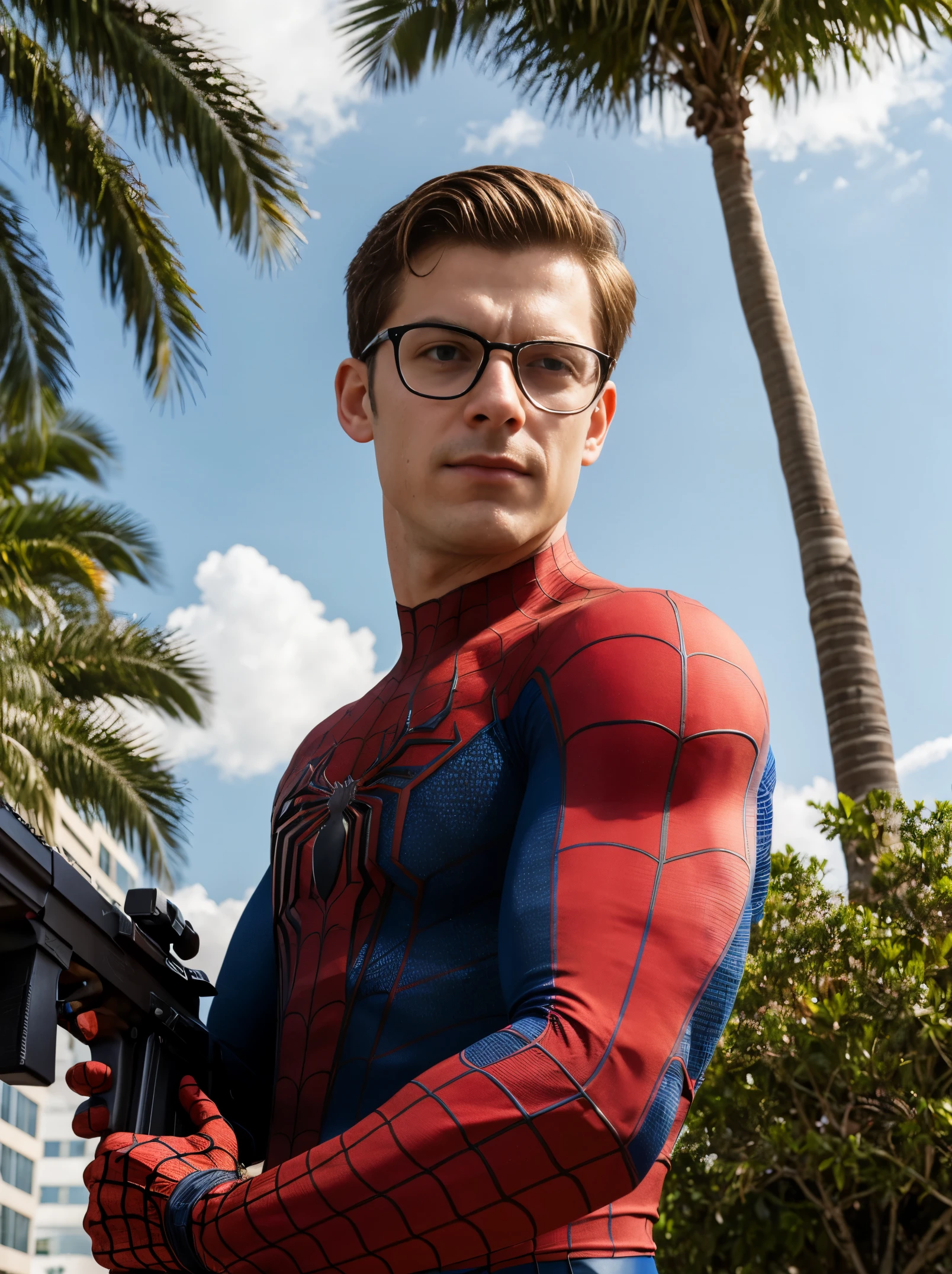 Spiderman portrait photo of a man wearing glasses and spiderman suit with blue red shirt, shooting a gun in the parking lot with the miami office building and palm trees in the background, high quality, very sharp, professional photography