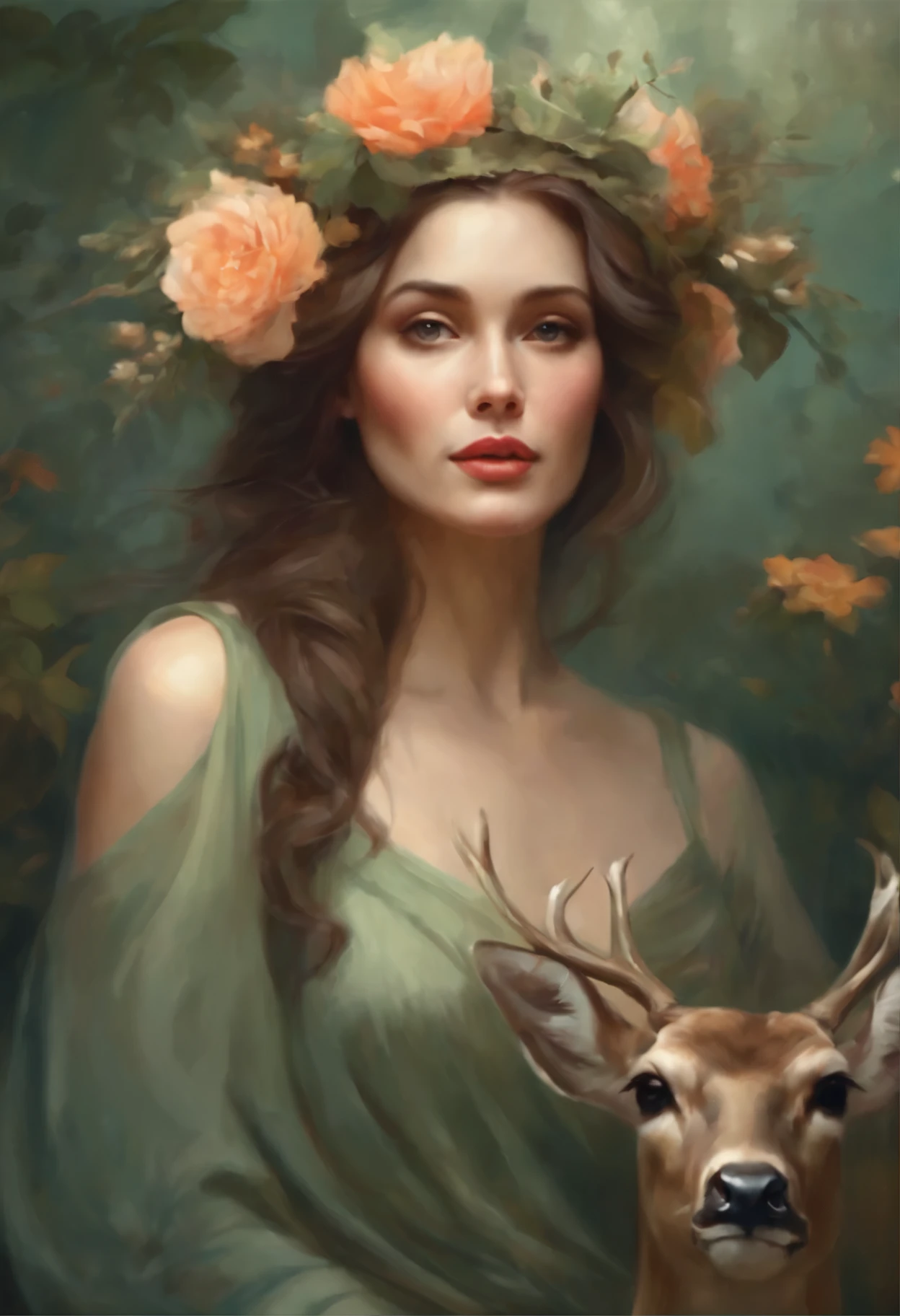 painting of a woman with a deer and a flower crown, magali villeneuve', In the style of Anna Dittmann, magali villeneuve and monet, beautiful character painting, Heather Theurer, Ghibli Tom Bagshaw, artwork in the style of guweiz, Adi Granov, jinyoung shin art, Ye Xin, Annie Stegg Gerard