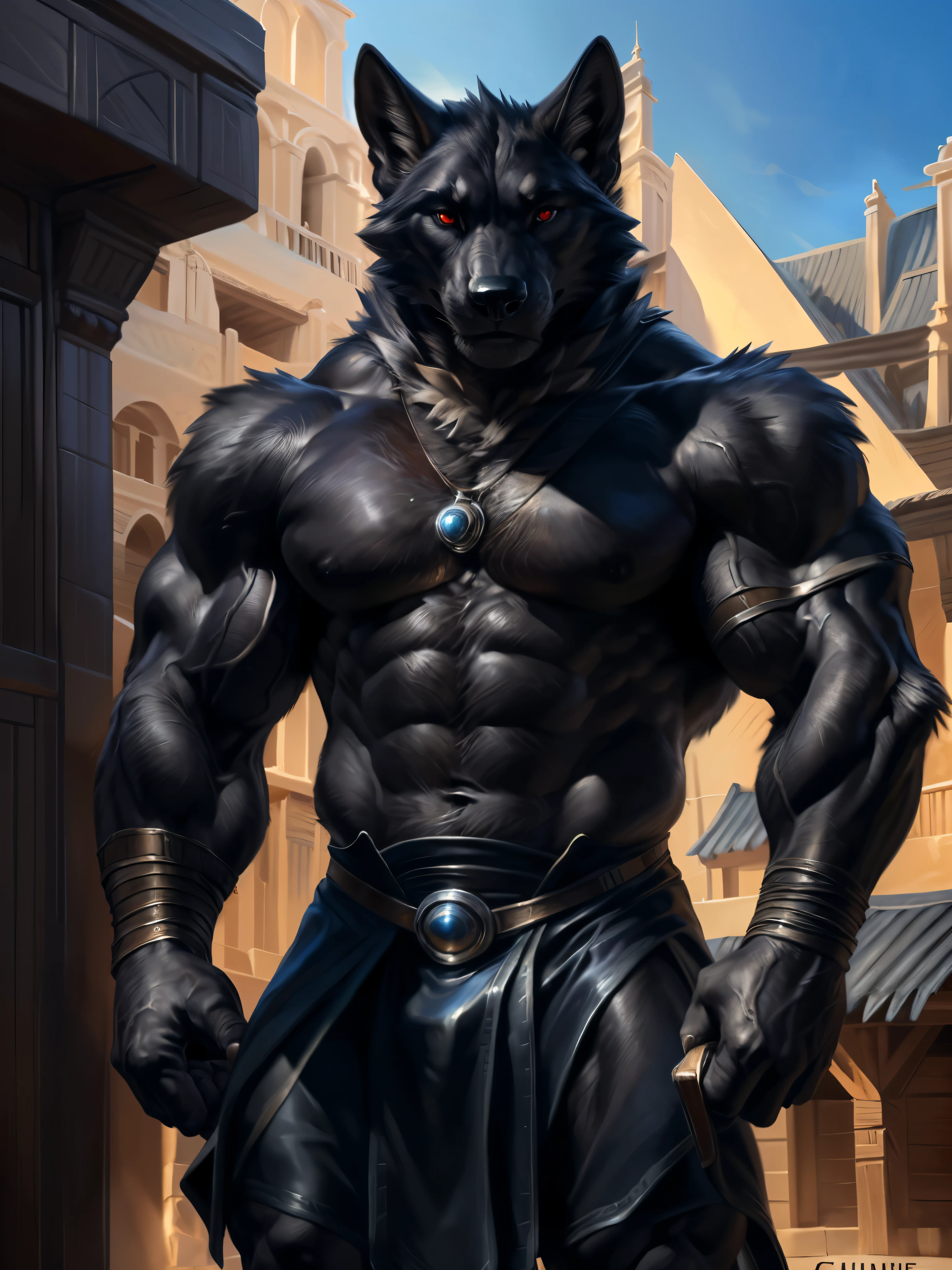 Vulgor, 4k, high resolution, best quality, perfect colors, perfect shadows, perfect lighting, artificial lighting, close up, posted on e621, furry body, solo, anthro black wolf, male, (monotone black fur:1.3), (strongman, veiny biceps, abs, manly, brutal, masculine:1.2), correct anatomy, (photorealistic detailed fur, epic, masterpiece:1.2), (by Taran Fiddler, by Chunie, by Rukis, Bonifasko lighting), detailed village background, (detailed red eyes), standing still, bare torso, clothed, looking at the viewer, best posture