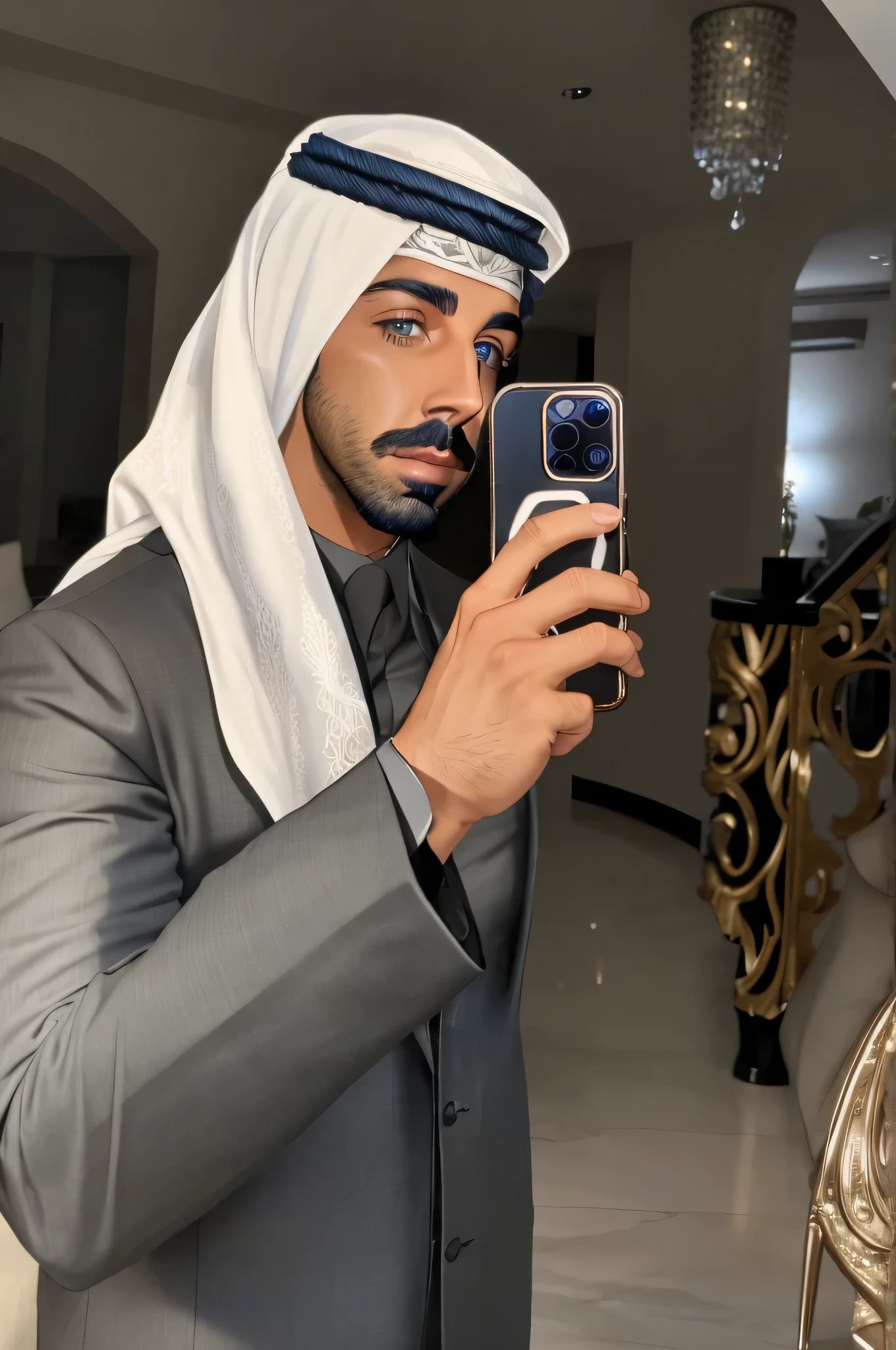 faaris azura dressed in a gray suit taking a selfie in a living room, faaris azura arab, flaunting arab faaris azura, beard, dressed thobe, faaris azura blue eyes, 8k selfie photograph, blue eyed faaris azura