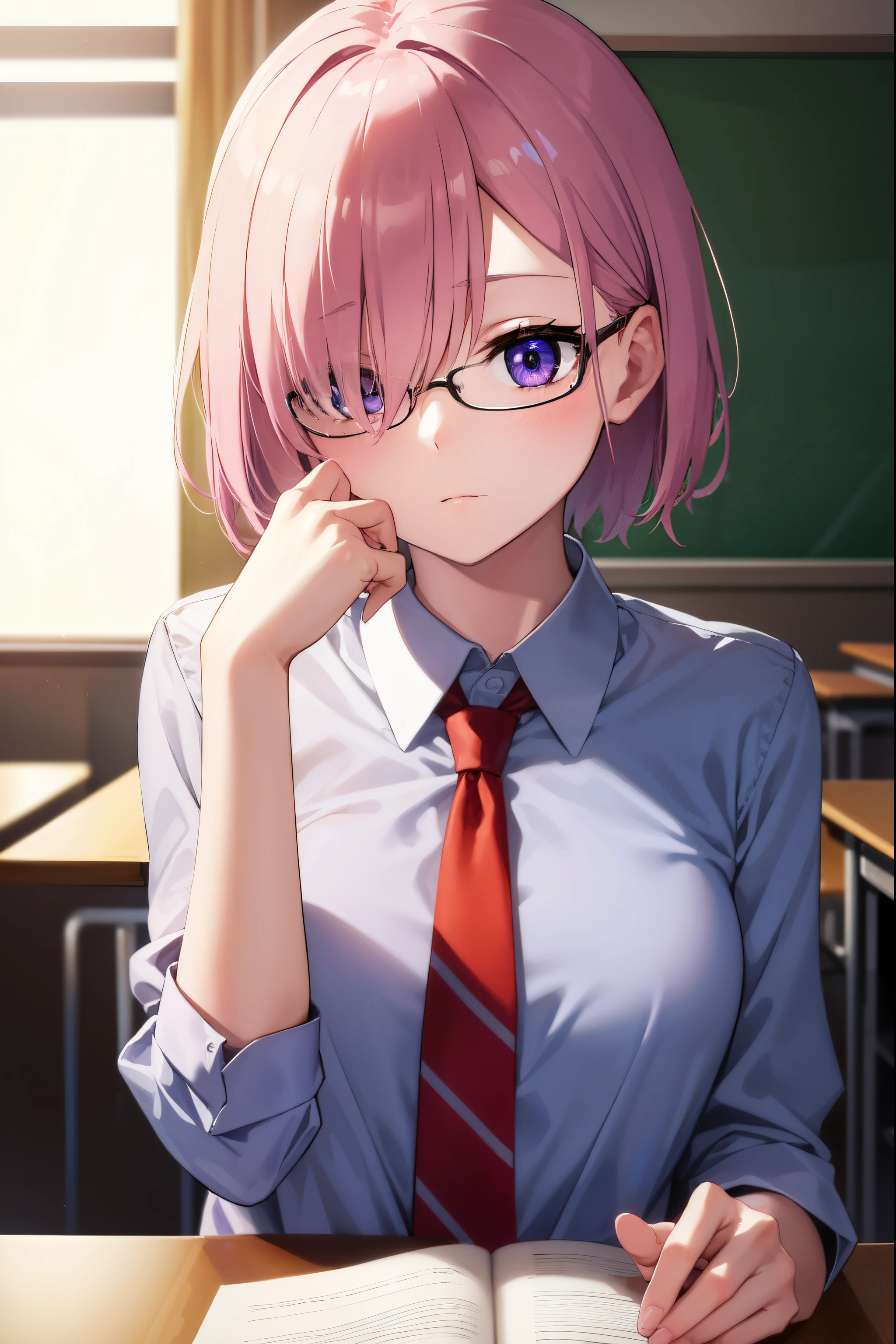 mashkyrielight, mash kyrielight, glasses, hair between eyes, hair over one eye, (purple eyes:1.1), pink hair, short hair,
BREAK hood, shirt, collared shirt, white collar, black shirt, necktie, red necktie, 
BREAK looking at viewer,
BREAK indoors, classroom,
BREAK (masterpiece:1.2), best quality, high resolution, unity 8k wallpaper, (illustration:0.8), (beautiful detailed eyes:1.6), extremely detailed face, perfect lighting, extremely detailed CG, (perfect hands, perfect anatomy),