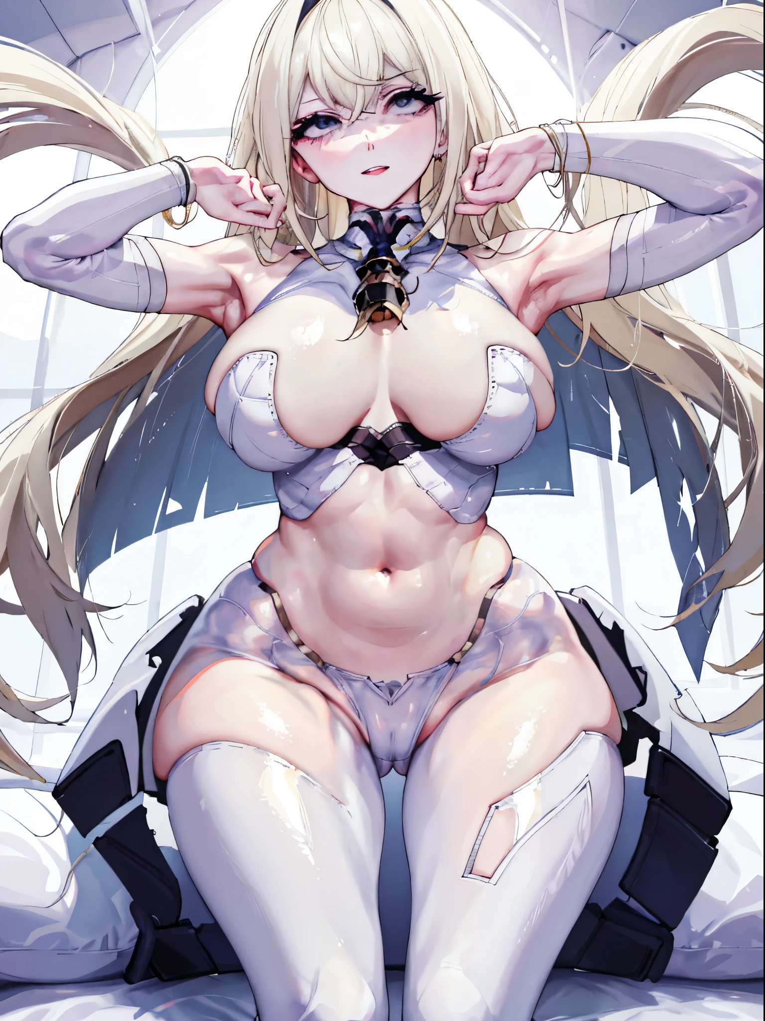 top-quality、realistic touch,high-detail、photoRealstic、thin-waist、captive beauty、solid platinum-blonde eyelashes、platinum-blonde、full body Esbian、cheeks flushed、thin-waist、In a white room、She is in estrus、Sleeveless、Bodysuit with minimal fabric area、Colossal tits、big butts、Angle from below、sexy pose、camel toe