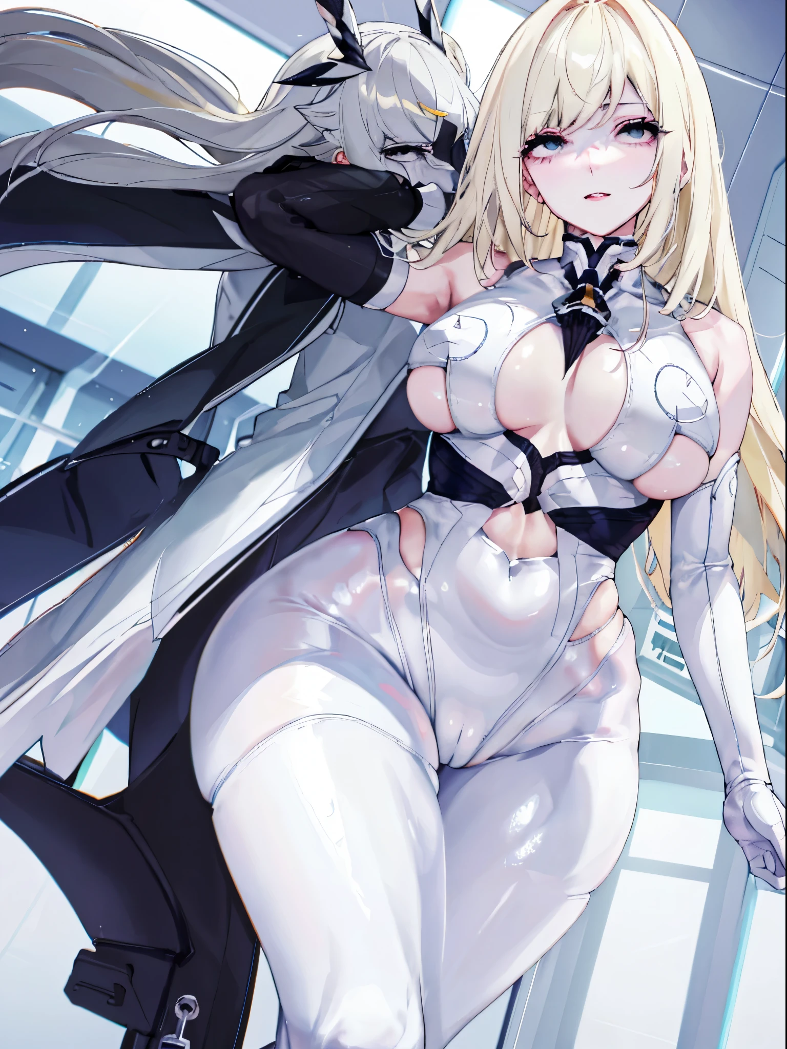 top-quality、realistic touch,high-detail、photoRealstic、thin-waist、captive beauty、solid platinum-blonde eyelashes、platinum-blonde、full body Esbian、cheeks flushed、thin-waist、In a white room、She is in estrus、Sleeveless、Bodysuit with minimal fabric area、Colossal tits、big butts、Angle from below、sexy pose、camel toe