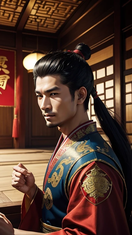 oriental、man in ancient chinese clothes、ancient chinese hairstyle man、three kingdom、multiple warlords、top-quality、​masterpiece、超A high resolution、(Photorealsitic:1.4)、Game Posters、Inside the building、