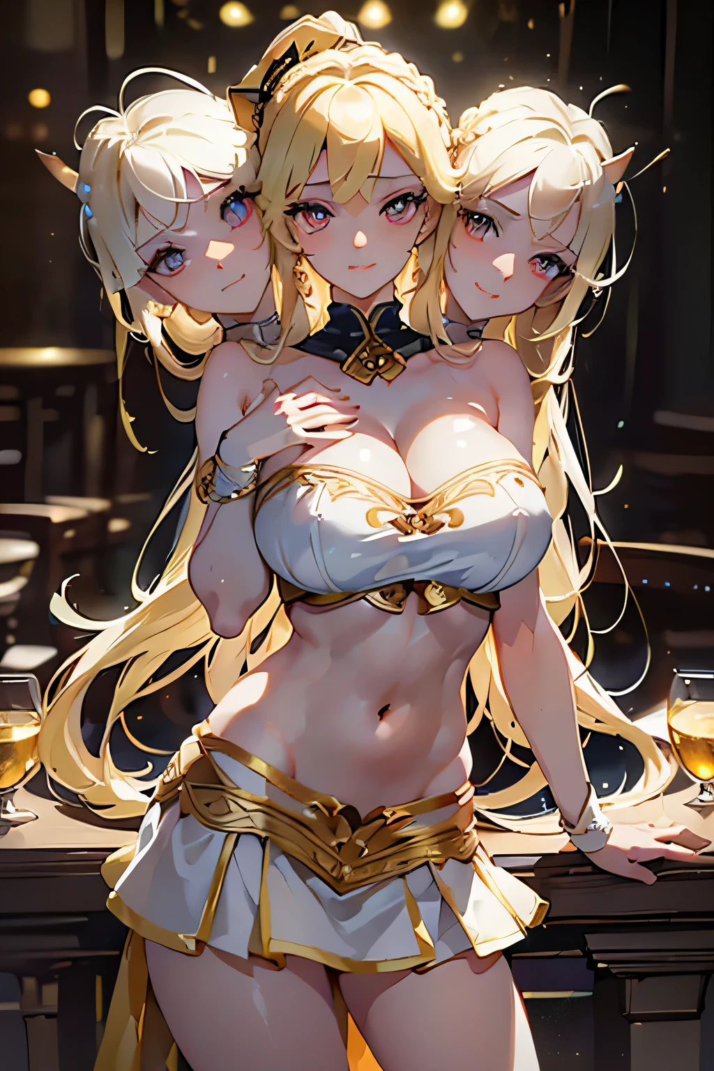 (masterpiece, best quality),best quality, (ultra-detailed), (3heads:1.4), 1girl, (kana anaberal:1.3), masterpiece, best quality, white light blue top, crop top, ((stomach)), midriff, ((groin)), white and blue skirt, normal ears, shackles, blonde hair, very long hair, wavy hair, sidelocks, yellow eyes, parted lips, single horn, sweat, cute, toned belly, hand on own chest, eyelashes, (23 year old woman:1.3), (masterpiece:1.4), (best quality:1.4), (beautiful detailed, extremely detailed CG, extremely delicate and beautiful, depth of field, (finely detailed face), (perfect details:1.0), (mature female:1.3), wide pelvis, slender, large veiny breast, 8k resolution, high quality, high definition, extremely detailed, masterpiece, best quality, blonde hair, long hair, alluring presence, braid, short skirt, close up, big tits, young, hat, hat ribbon,