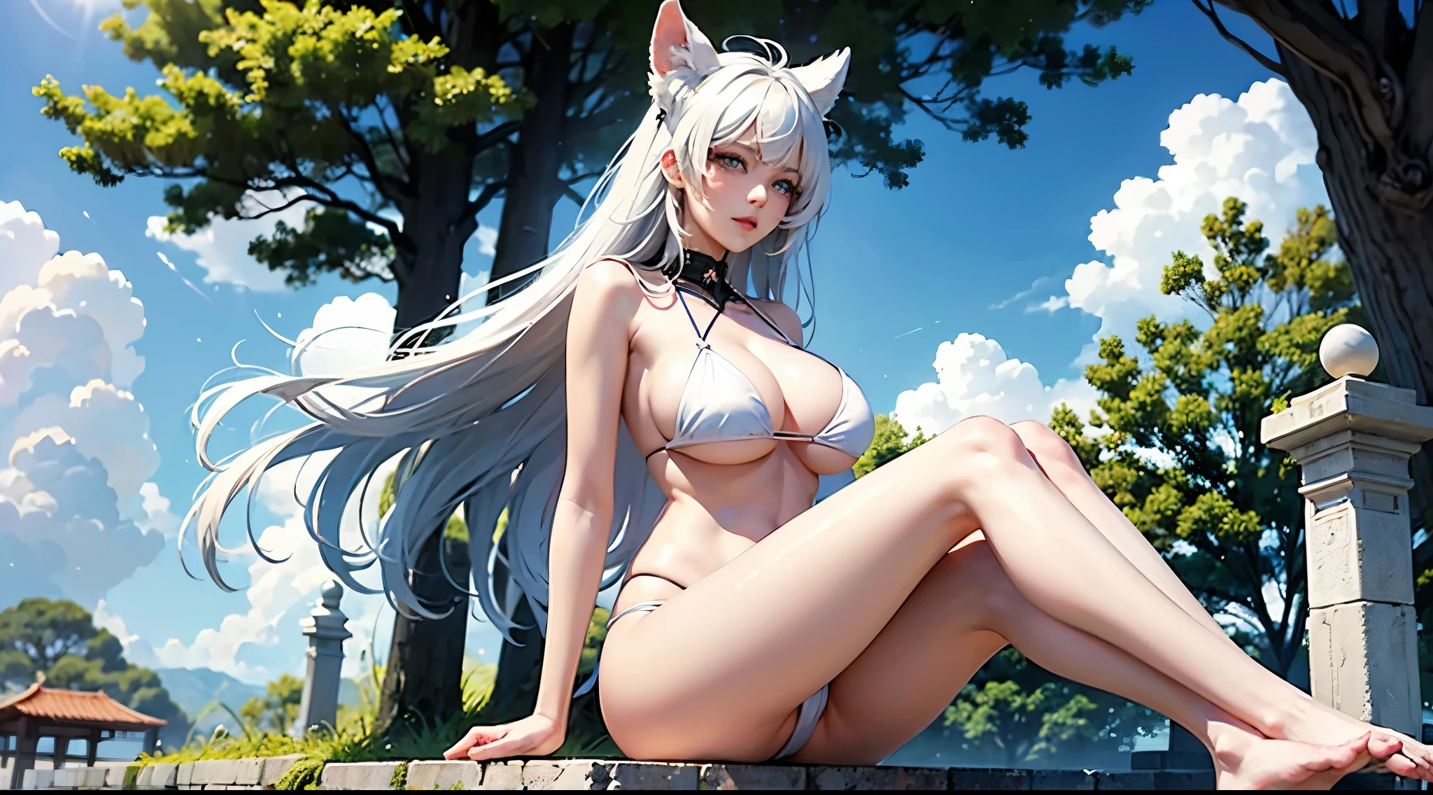 Best quality at best，nabel，比基尼，hand on her own chest，The halo，full bodyesbian，wide blue eyes，Raised sexy，8K，，Beth，By the beach，with her mouth open,Open your legs,cute big breasts鼻子,cute big breasts，The mouth is relatively large,The legs are relatively long,Big chest,The eyes are relatively large,long whitr hair，The eyeballs are relatively large,Eyes sparkle,Naked foot,The nose is relatively large,white color hair,No shoes，prette,bikini,at a forest,Long legs,cute big breasts脸，vagina，