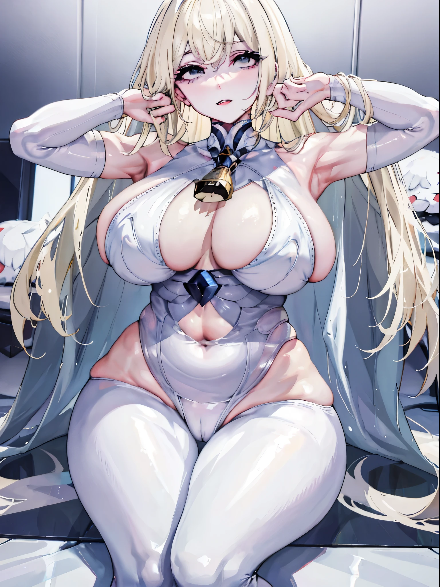 top-quality、realistic touch,high-detail、photoRealstic、thin-waist、captive beauty、solid platinum-blonde eyelashes、platinum-blonde、full body Esbian、cheeks flushed、thin-waist、In a white room、She is in estrus、Sleeveless、Bodysuit with minimal fabric area、Colossal tits、big butts、Angle from below、sexy pose、camel toe