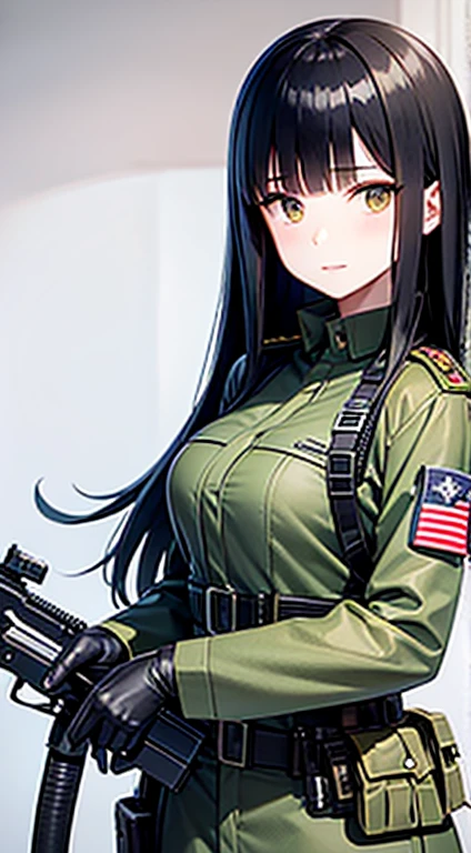military uniform, bullet-proof armor, holding an M16 rifle, military helmet, long black hair