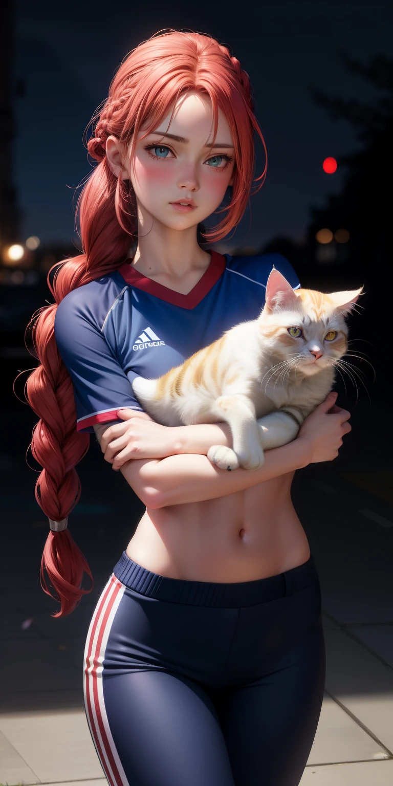 realistic, 1girl holding a cat, red hair, blue eyes, glowing eyes, crop top, pants, parted lips, blush, night, braids holding a cute cat, soccer uniform