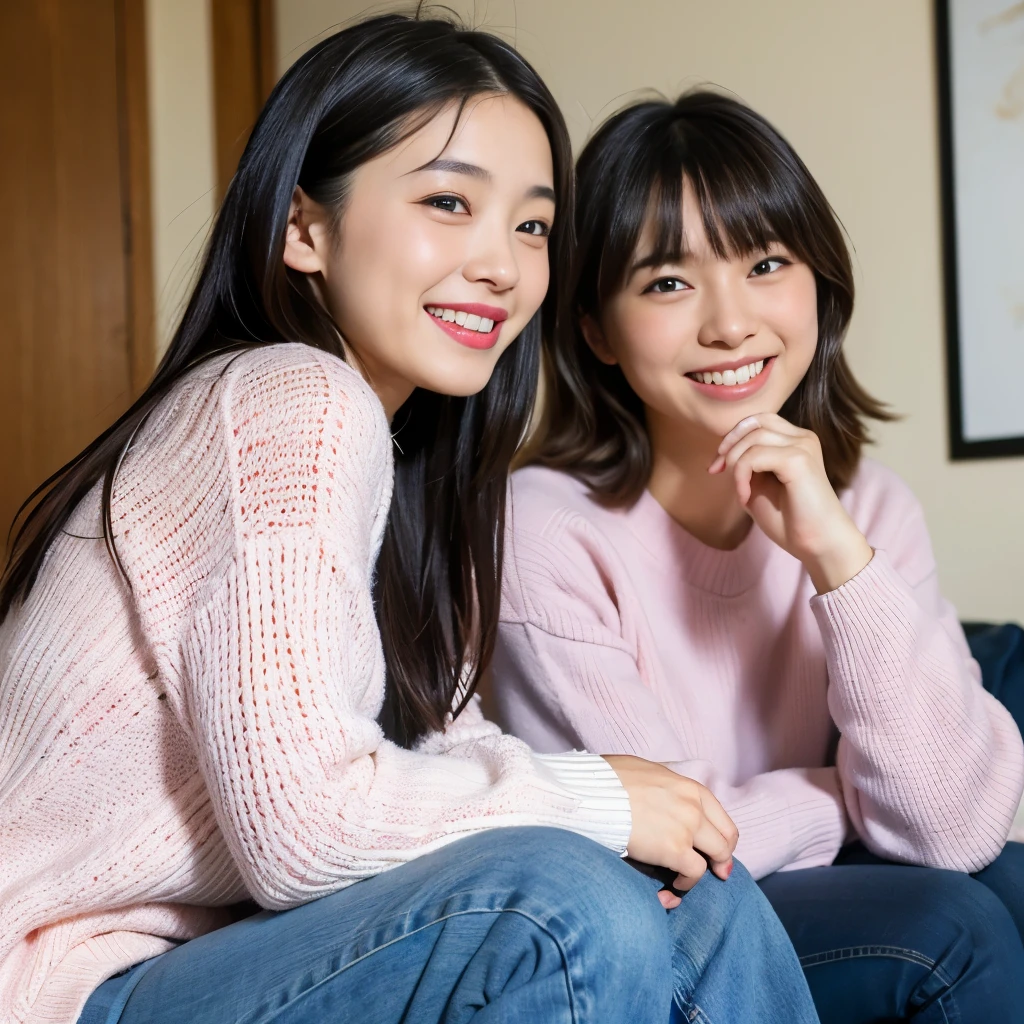 BEST-QUALITY, MASTERPIECE, ULTRA-HIGH-RESOLUTION, (PHOTOREALISTIC:1.4), RAW-PHOTO, ULTRA DETAILED, PERFECT-ANATOMY,
at midnight, In living-room, 2girls, lesbian couple, 15-years-old and the most popular Japanese idol, 18-years-old and the most popular Japanese actress, sitting and drinking, completely drunk, (((looking at each other and laughing))), detailed pink-sweater, detailed white -sweater, detailed jeans, both different faces, extremely cute face like a Japanese famous idol, extremely beautiful face like a famous Japanese actress, extremely beautiful big-black-eyes, extremely beautiful black-solid-circle-eyes, extremely beautiful and extremely realistic skins, extremely beautiful hands, detailed fingers