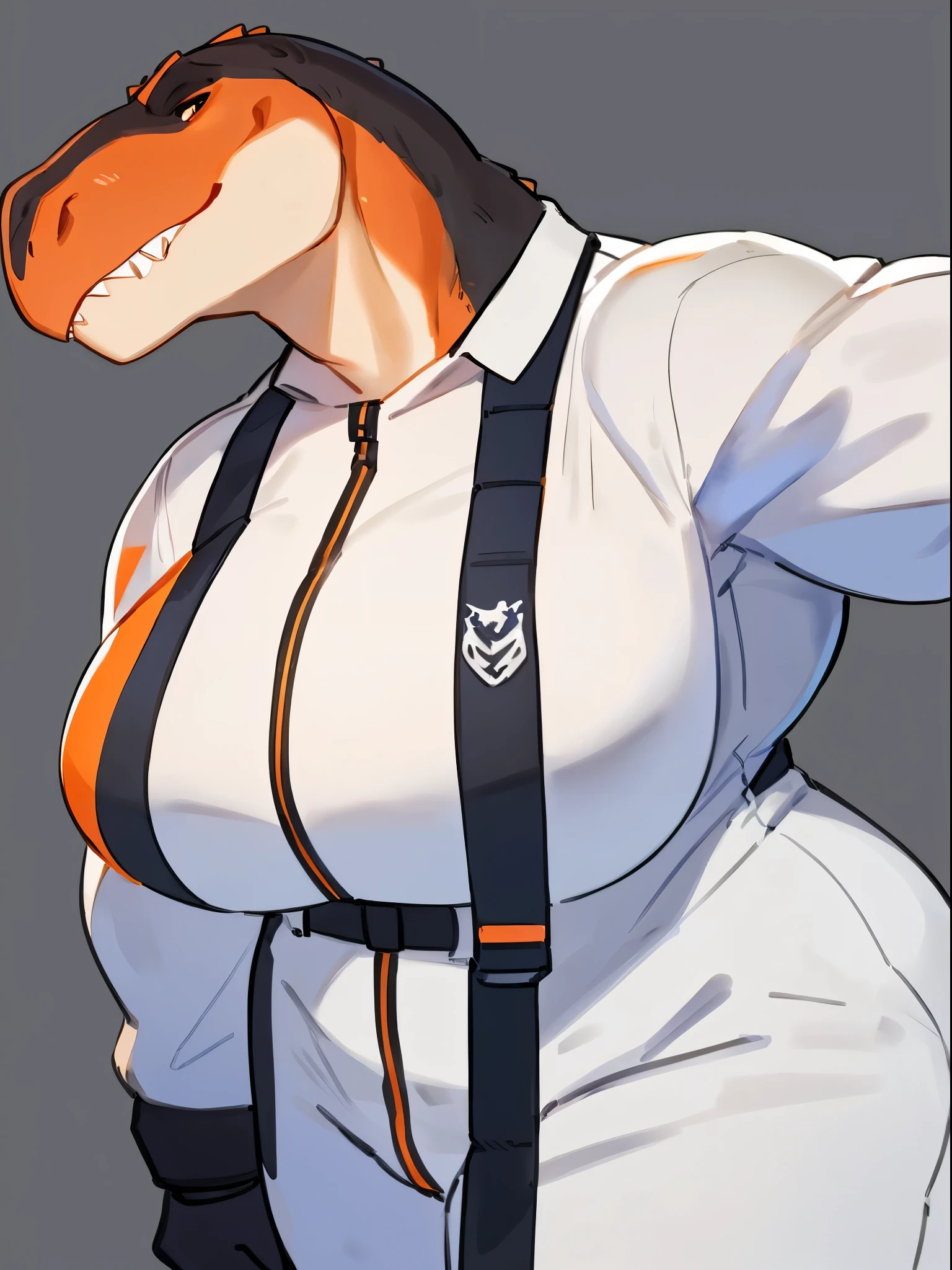 By bebebebebe, by lostgoose, by goonie-san, by buta99, by con5710, ((female)), tyrannosaurus, dinosaur, t-rex, smirking, big breasts, (muscular, buff, giant, strong, enormous, broad shoulders, big head), ((white and orange jumpsuit)), black body armor, black tactical pouches, big black boots