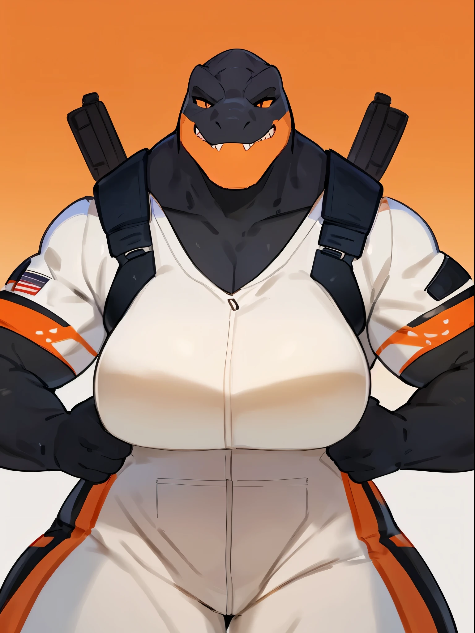 By bebebebebe, by lostgoose, by goonie-san, by buta99, by con5710, ((female)), tyrannosaurus, dinosaur, t-rex, smirking, big breasts, (muscular, buff, giant, strong, enormous, broad shoulders, big head), ((white and orange jumpsuit)), black body armor, black tactical pouches, big black boots