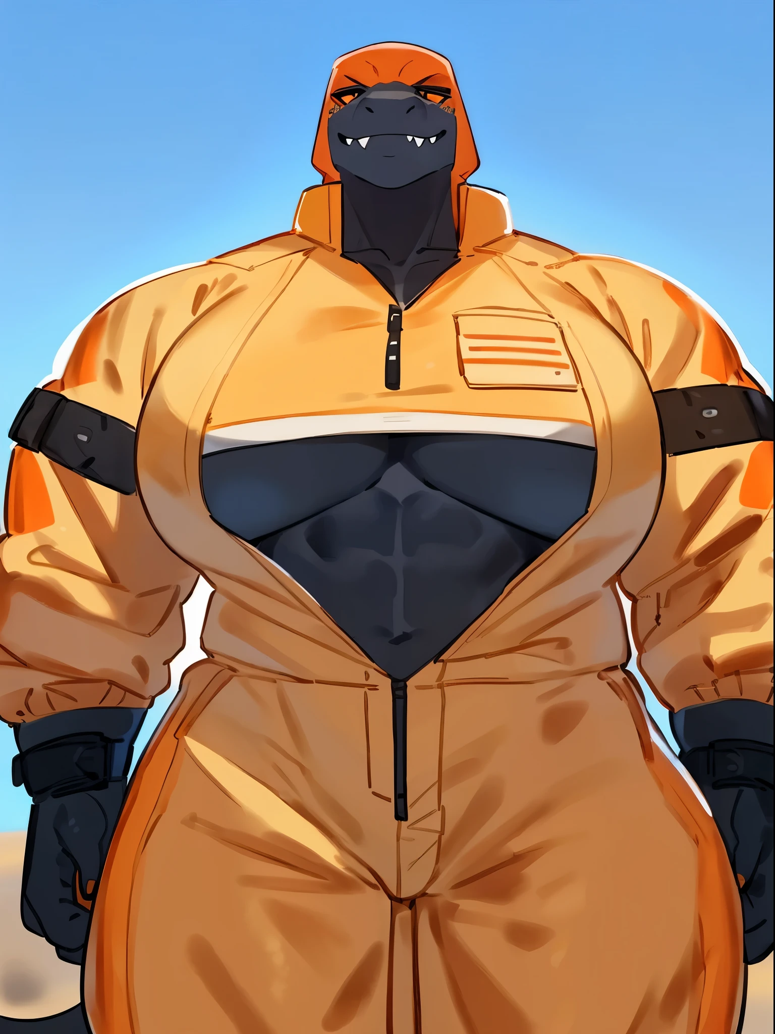 By bebebebebe, by lostgoose, by goonie-san, by buta99, by con5710, ((female)), tyrannosaurus, dinosaur, t-rex, smirking, big breasts, (muscular, buff, giant, strong, enormous, broad shoulders, big head), ((white and orange jumpsuit)), black body armor, black tactical pouches, big black boots