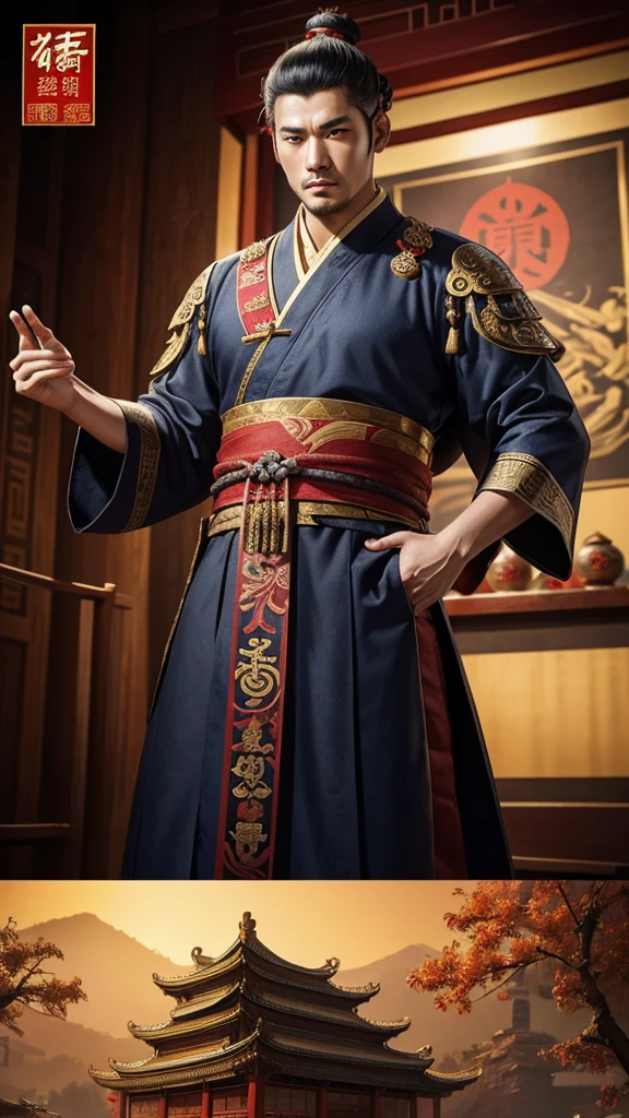 oriental、man in ancient chinese clothes、ancient chinese hairstyle man、three kingdom、multiple warlords、top-quality、masterpiece、超A high resolution、(Photorealsitic:1.4)、Game Posters、Inside the building、