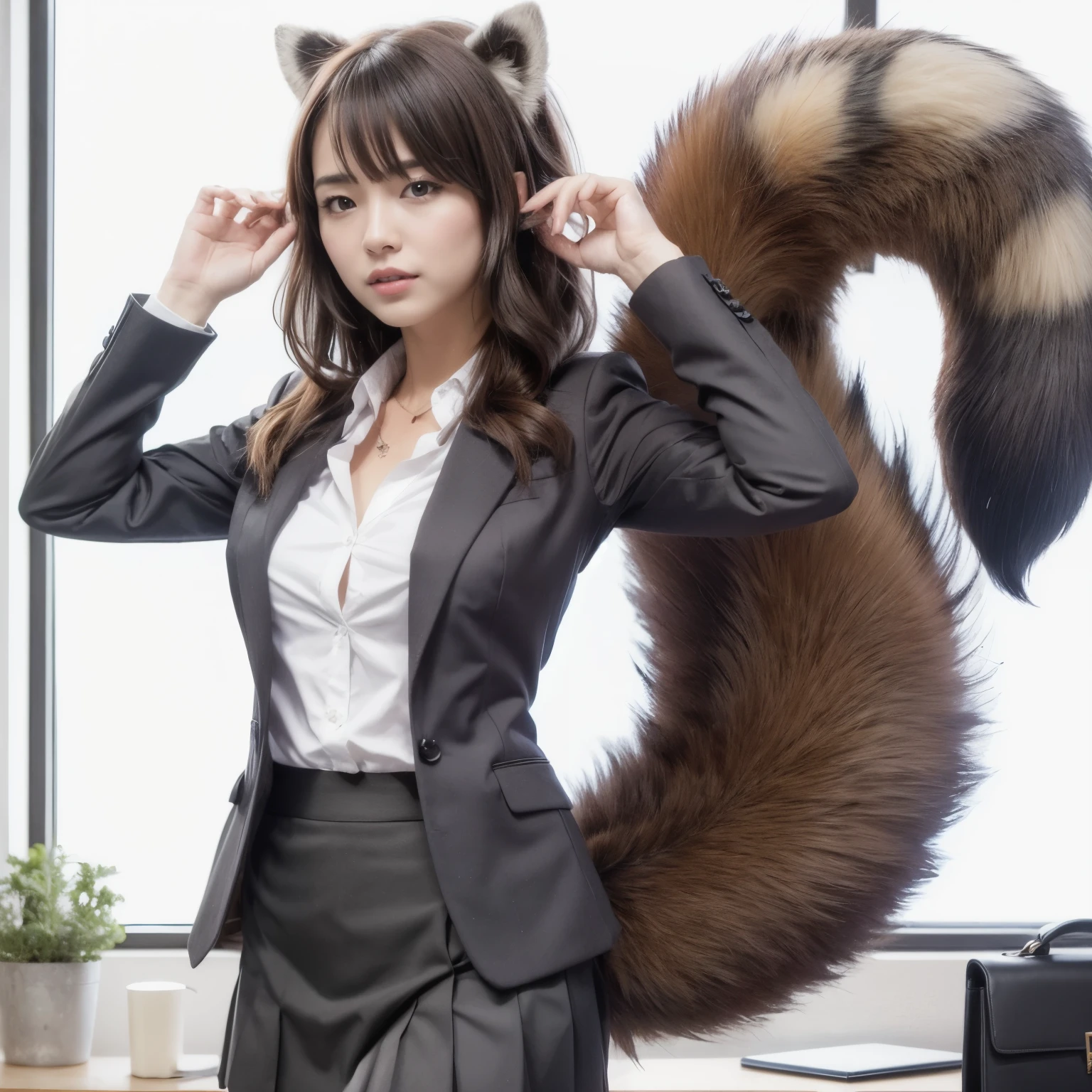 A woman wearing a pleated miniskirt with a raccoon tail, anthropomorphic racoon, けもの, Realistic, a picture, top-quality, Her pleated miniskirt is flipped up and her tail is visible.:1.5 ,Realistic tail, small tits, slender, White panties, tail, Bushy tail, Realistic tail