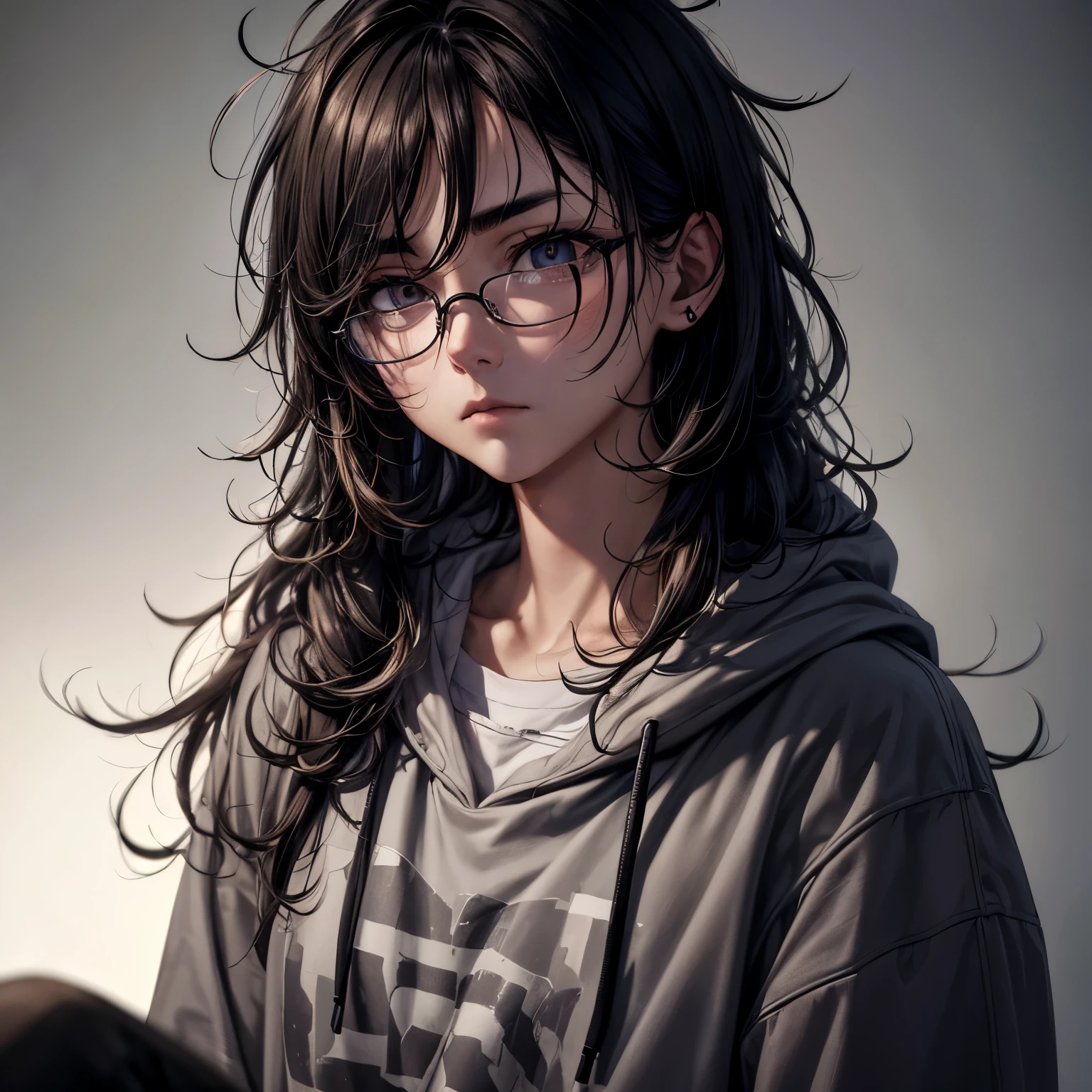 volumetric lighting, low ambient lighting, highres, masterpiece, best quality, 8k, tired, fatigued, dark circles under eyes, sad, melancholy, depressed, despair, destitute, detailed hair, (messy hair), (wearing glasses), long greasy hair, dirty hair, thick eyebrows, disheveled, unwashed, bruises, scars, scratches, acne, unkempt, dirty clothes, hoodie, english pub