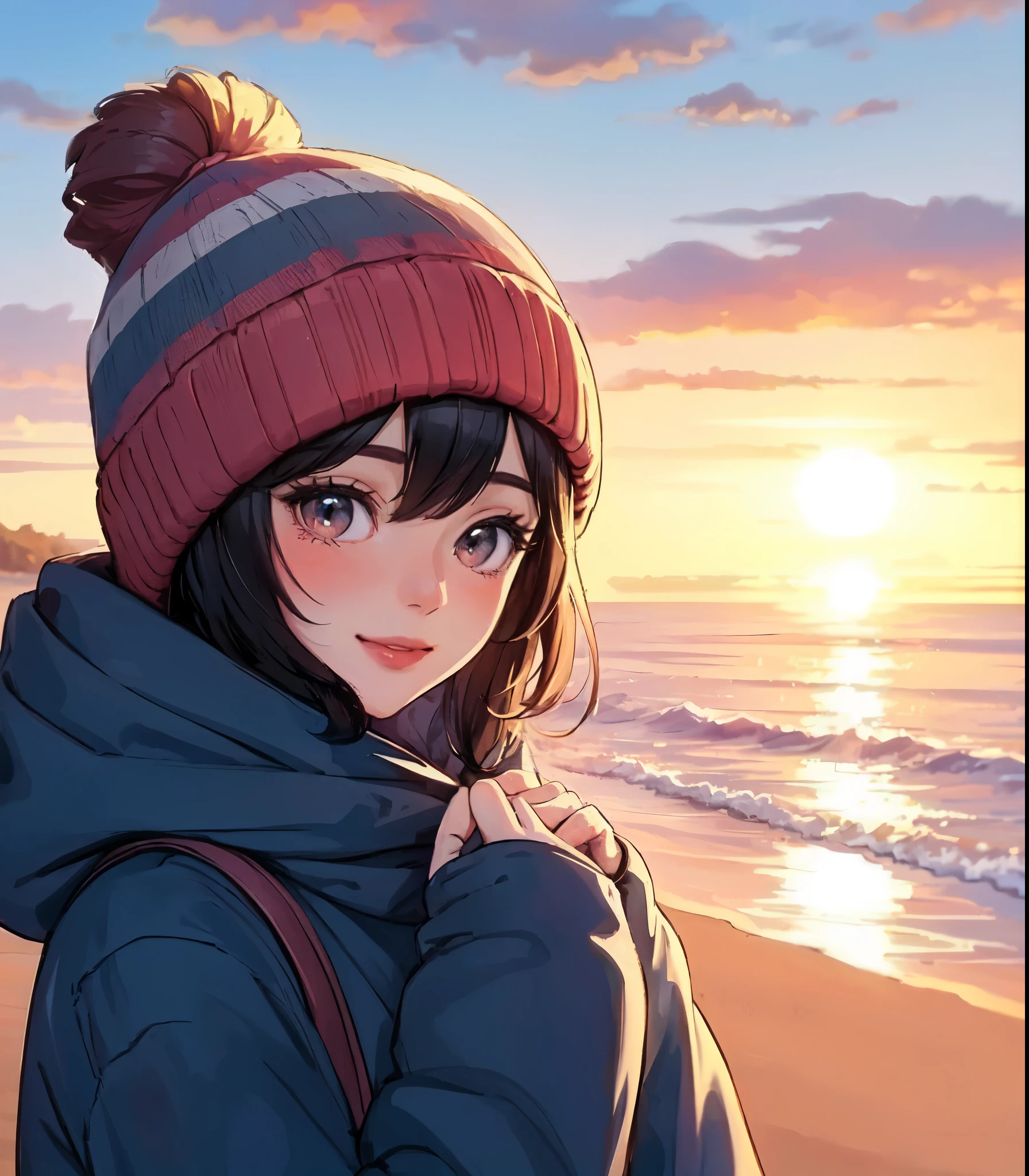 1lady solo, (looking back at viewers), (stylish outfit) winter, mature female, /(black hair/) bangs, blush kind smile, (eyes sparkling with hope), (masterpiece best quality:1.2) delicate illustration ultra-detailed, large breasts BREAK (the first sunrise on the horizon) ocean, morning glow, vibrant colors sky BREAK (quiet beach outdoors), early morning