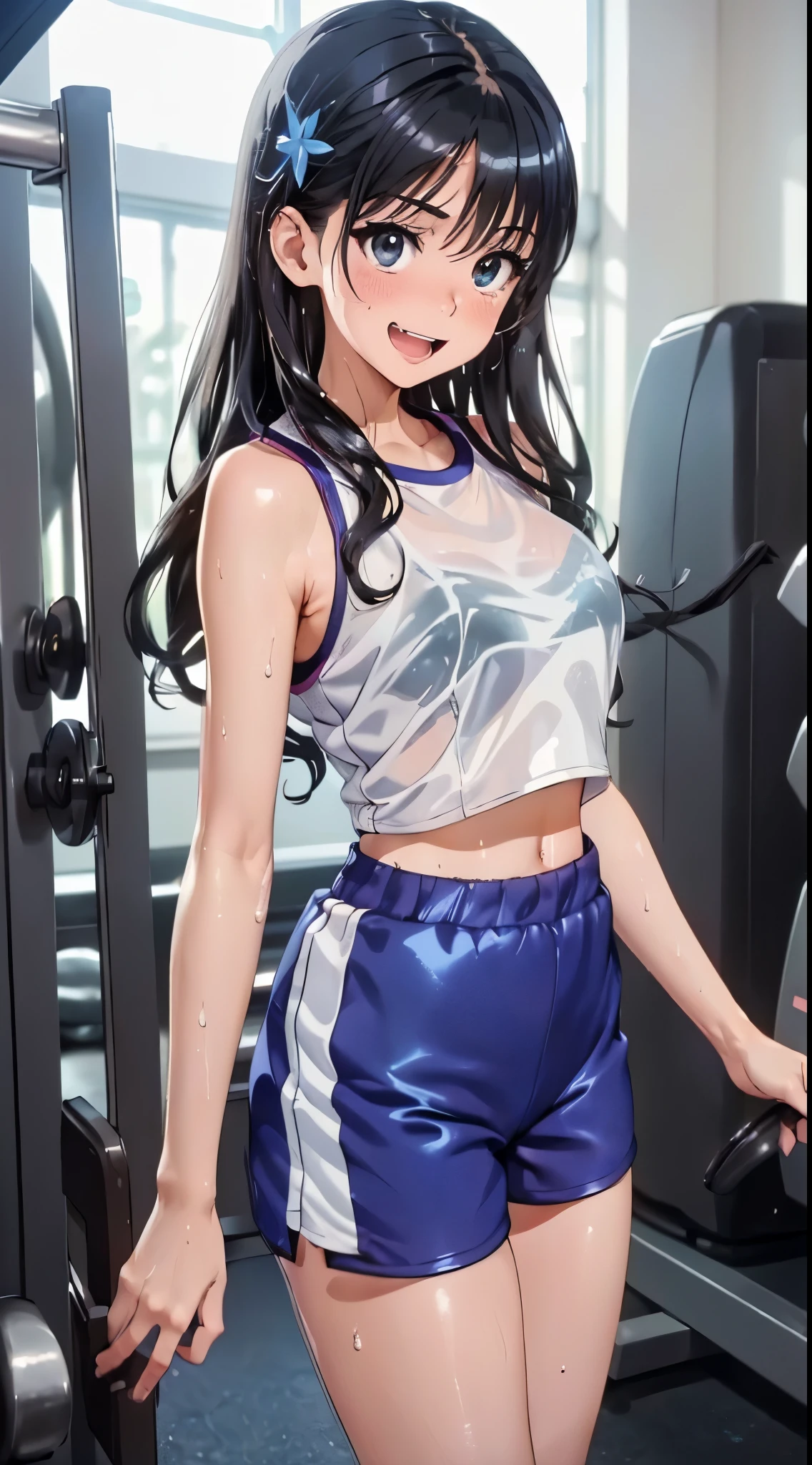 1womanl,Black hair,14 years beautiful breasts,(((Sexy white and blue shiny gym clothes and short cheeks、Smile with open mouth)),(((Satin Narico))),((( portlate))),Crowds,Shiny white and blue gym clothes and shorts,Wet with sweat