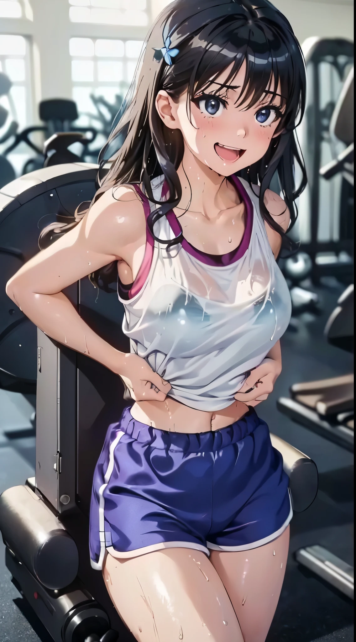 1womanl,Black hair,14 years beautiful breasts,(((Sexy white and blue shiny gym clothes and short cheeks、Smile with open mouth)),(((Satin Narico))),((( portlate))),Crowds,Shiny white and blue gym clothes and shorts,Wet with sweat