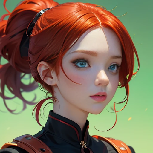 Close-up of a redhead girl,  anime style, focusing on the intricate details of the face. The eyes should be a captivating green, creating a contrast with the fiery red hair. The background is of a simple, uniform color to not distract from the subject, view facing the camera