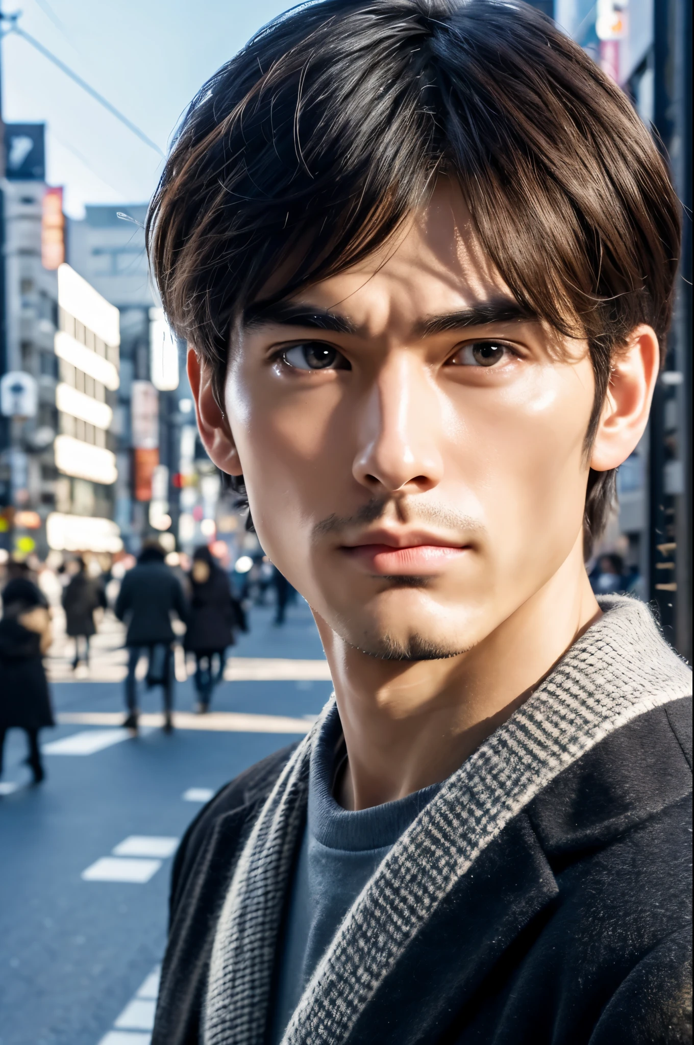 Photorealistic, 8K full-body poster, Handsome man, Japanese, 1 male, Serious expression, Sharp Eyes, Attractive look, Detailed facial details, muscle, Tokyo, summer, T-Shirts, Shibuya in the background