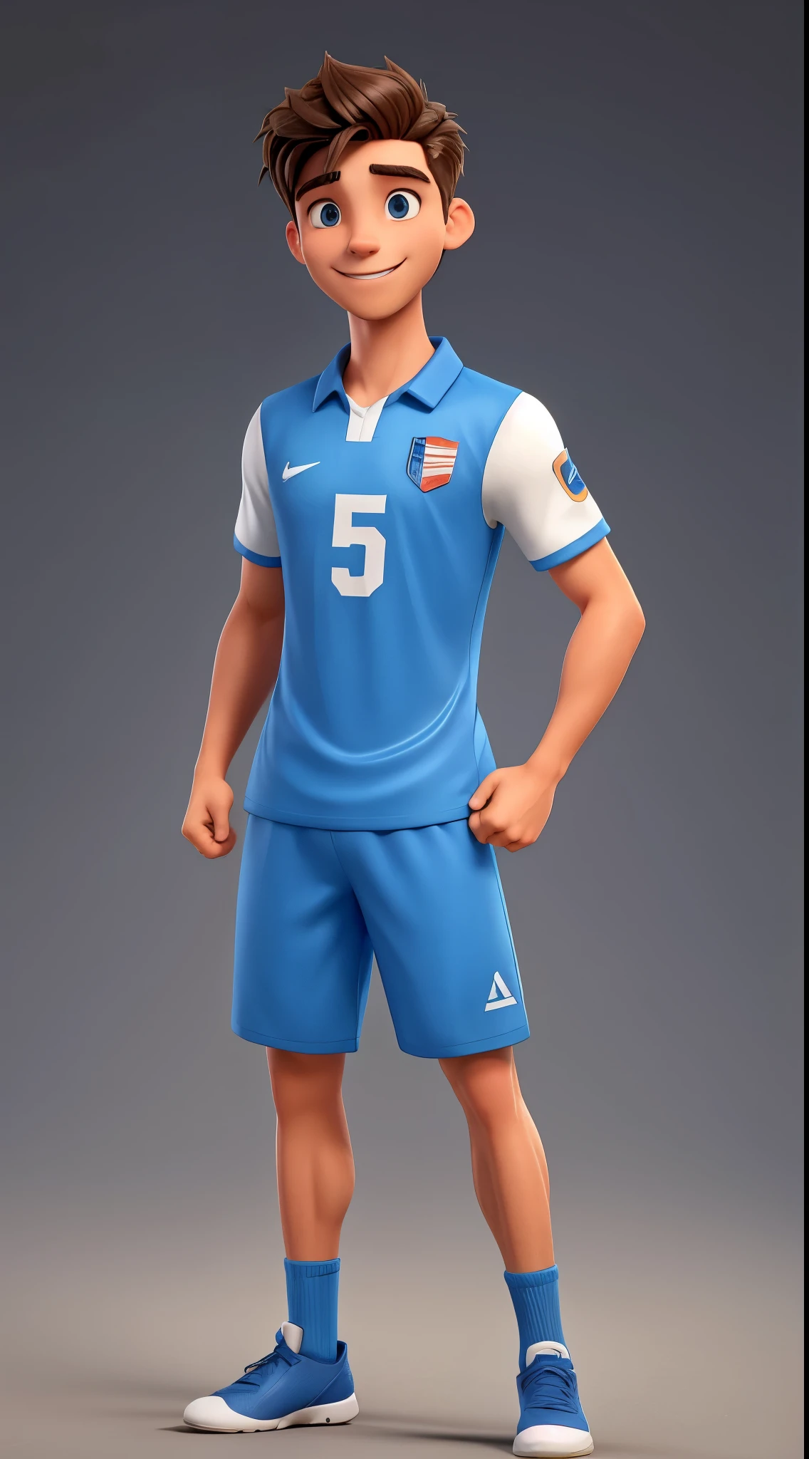 "Generate an image of a 25-year-old American young man with fair skin. He is athletic, with a healthy and handsome appearance. This young man is smiling in a friendly manner and has a positive energy. Dress him in a modern soccer uniform, suggesting that he is passionate about this sport. The pose should highlight his confidence and enthusiasm for the game. Ensure that the lighting is natural, accentuating his facial features and happy expression."