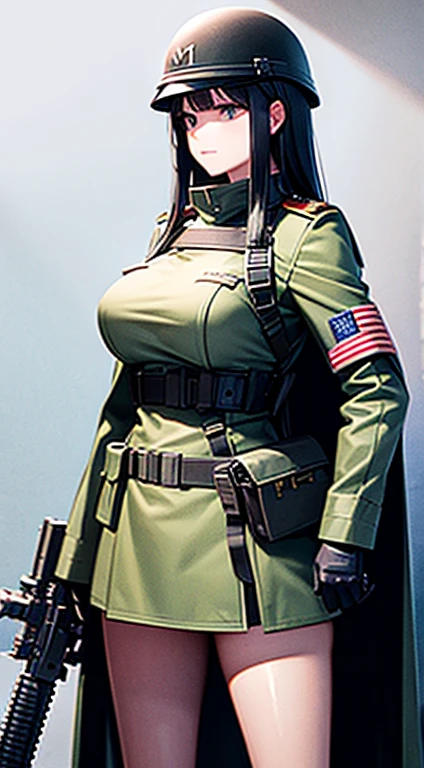 military uniform, bullet-proof armor, holding an M16 rifle, military helmet, long black hair, breast
